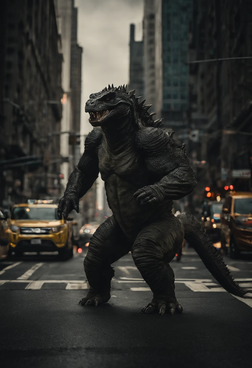 two  Godzillas are fighting ，In a city，There are small fighters in the air，There are many vehicular pedestrians on the ground
