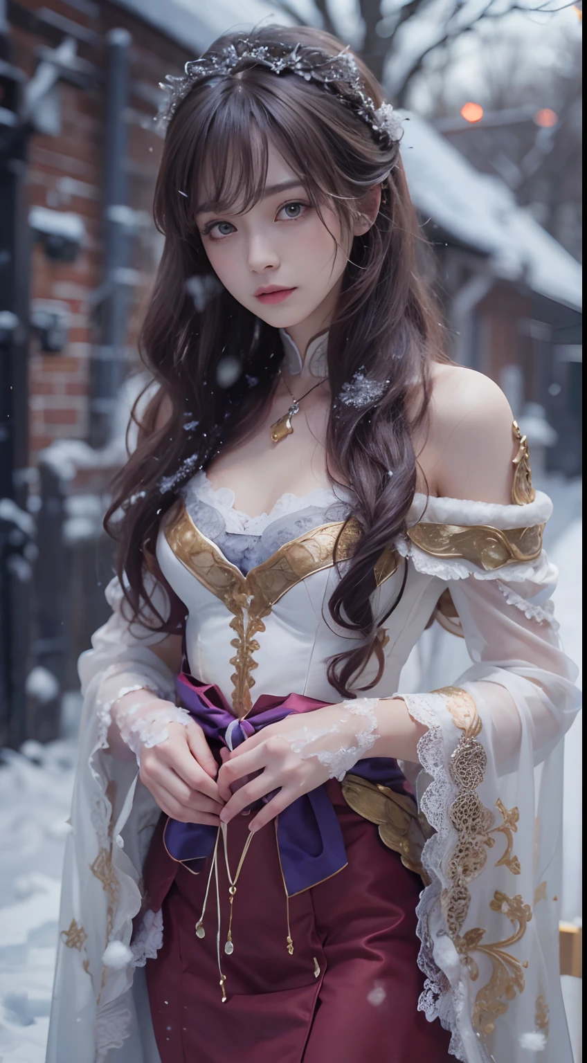 (8K, RAW photos, best qualtiy, tmasterpiece:1.2),(realisticlying, photograph realistic:1.4),Hide your face with sadness,
Lolita costume,Lace, Aerith Gainsborough, The upper part of the body, undergarments,exposed bare shoulders, do lado de fora, (outside,Covered with snow,cloaks,) high high quality, Adobe Lightroom, highdetailskin, looking at viewert,