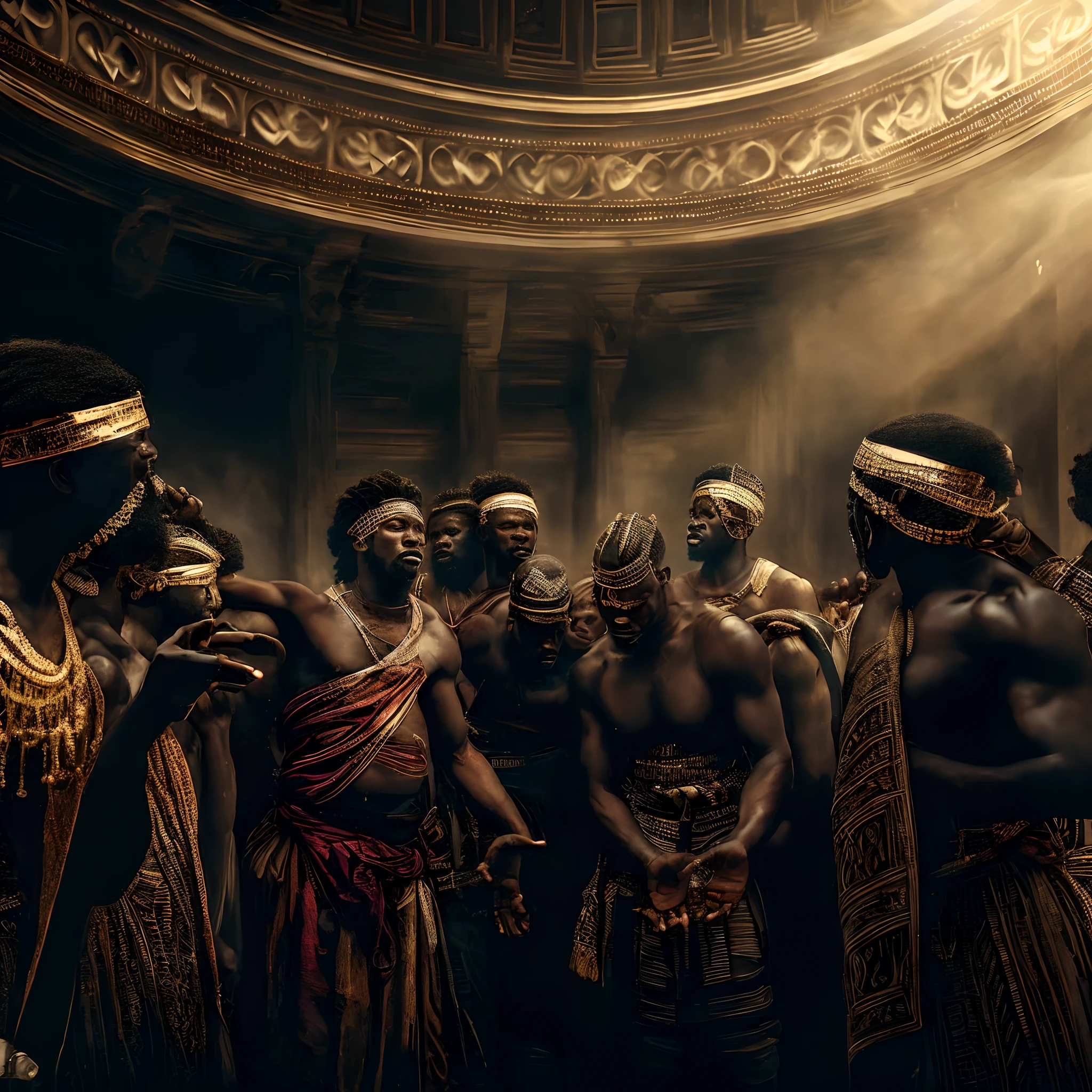 Group of black African men, with typical African clothing, arguing, angry, tense faces, chaotic atmosphere, place with Athens school style architecture, panoramic image, cinematic, dark lighting, rays of light, 1800s, African symbology and gold, painting , dark lighting, epic wallpaper, 8k, Michelangelo style painting, renaissance painting, neoclassical painting, neoclassical style, masterpiece, epic painting, awesome renaissance painting, ultra detailed, stunning, Cinematic, intricate details, UHD ,best quality.