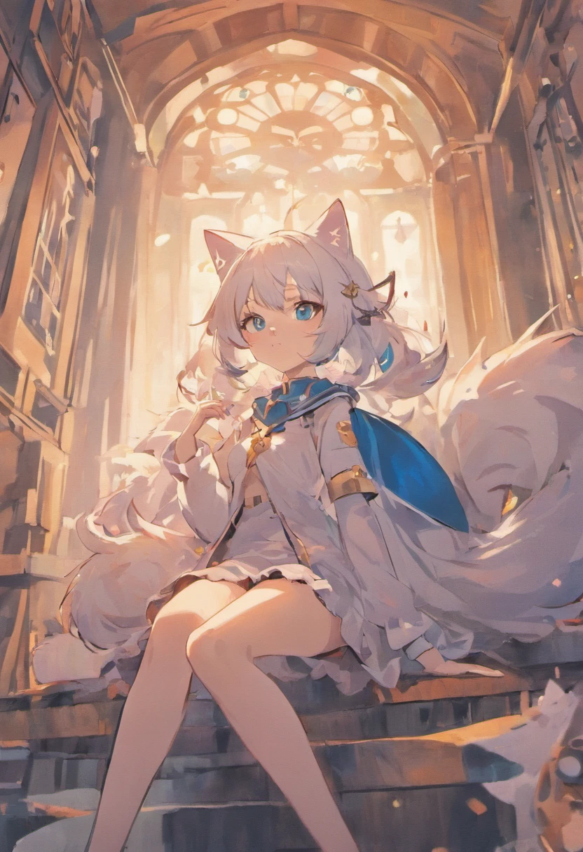 anime girl with white hair and blue eyes and a cat ears, from arknights, white - haired fox, white cat girl, white cyan, white fox ears, holo is a wolf girl, an anime portrait of cirno, white glowing eyes, anime girl with cat ears, anime moe artstyle, holo if a wolf girl, beautiful anime catgirl