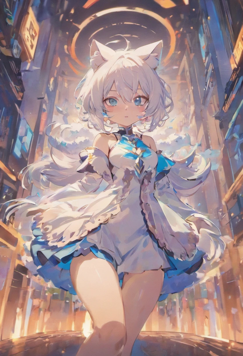 anime girl with white hair and blue eyes and a cat ears, from arknights, white - haired fox, white cat girl, white cyan, white fox ears, holo is a wolf girl, an anime portrait of cirno, white glowing eyes, anime girl with cat ears, anime moe artstyle, holo if a wolf girl, beautiful anime catgirl