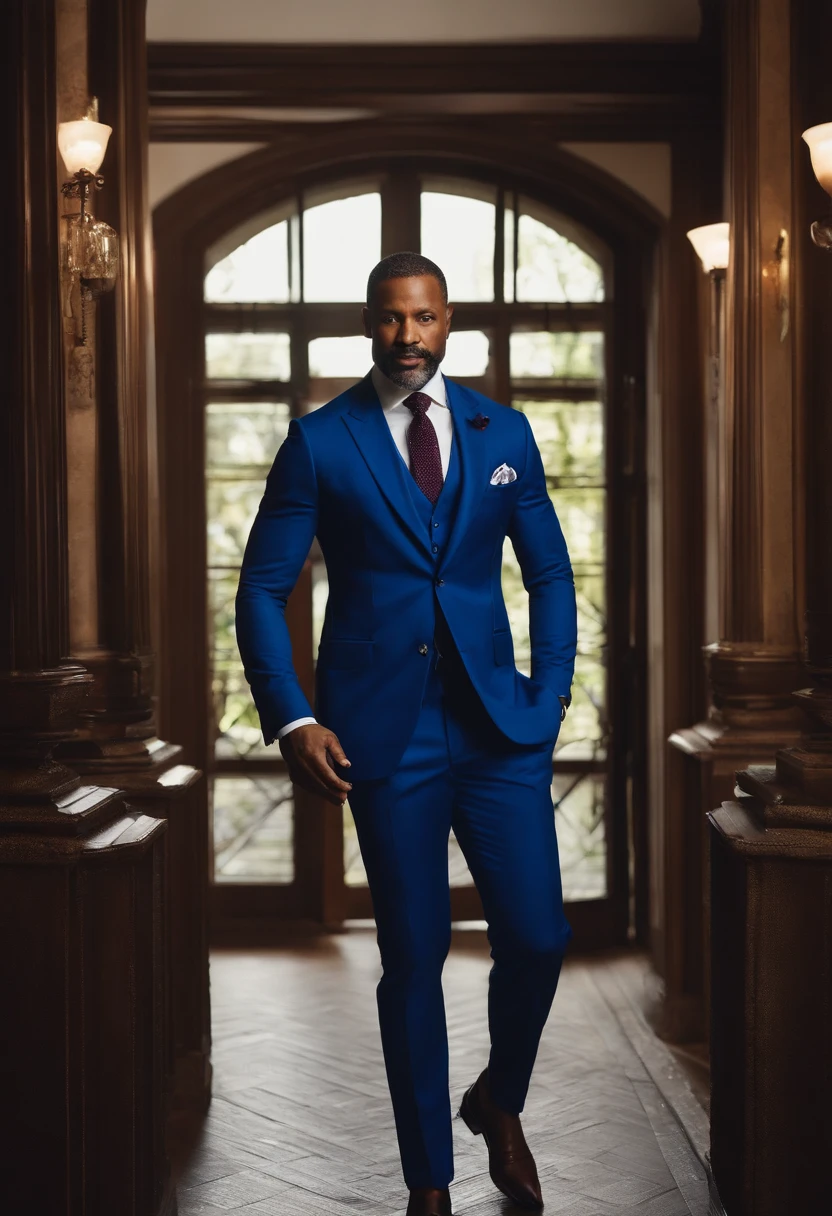 Certamente, refinar ainda mais o pedido para um retrato 8K ultrarrealista de um distinto cavalheiro de cabelos pretos curtos e na casa dos 40 anos, com olhos negros penetrantes. He is impeccably dressed in a meticulously tailored royal blue suit, complementado por uma gravata perfeitamente combinando.