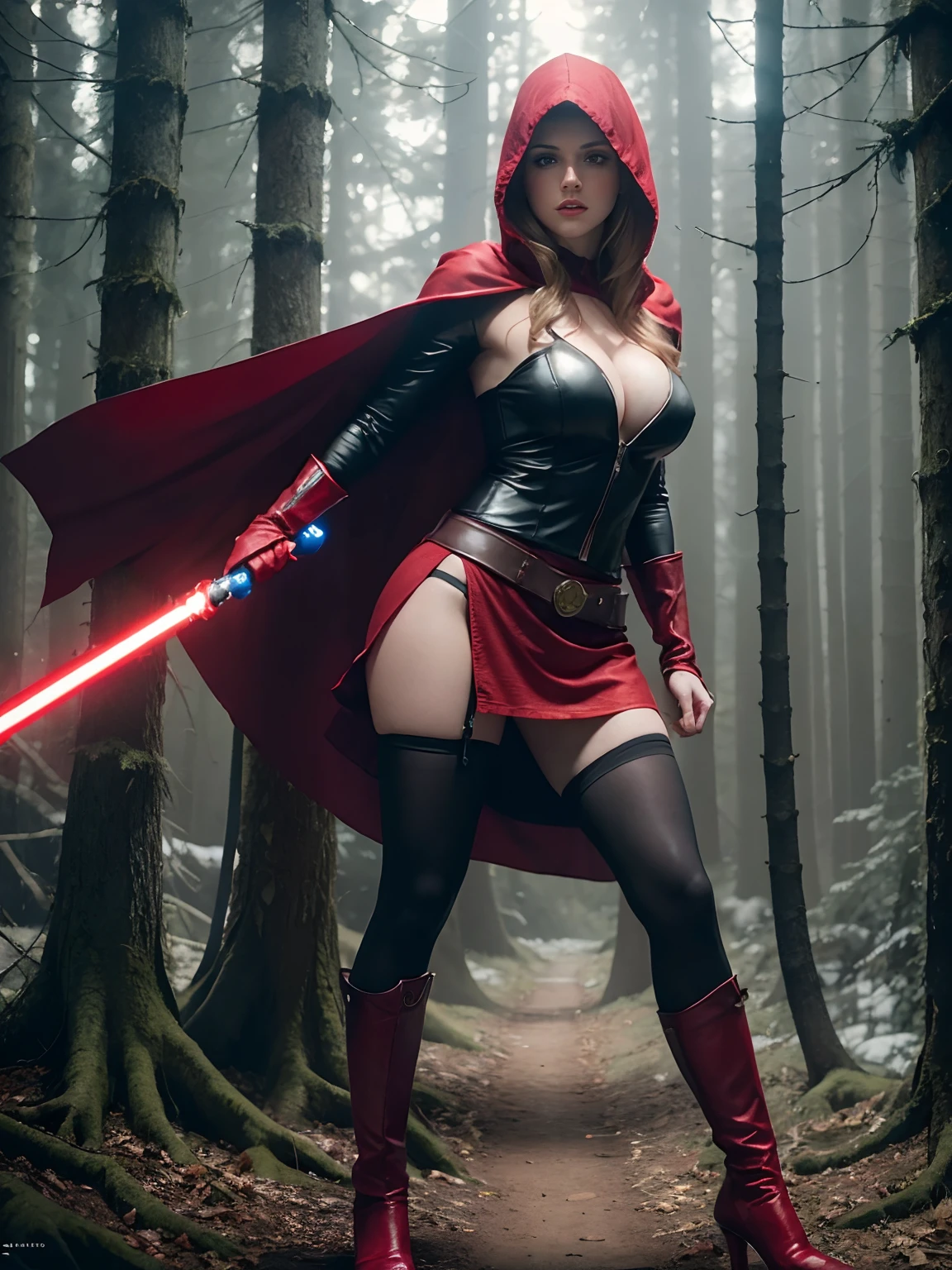 Anna Kendrick as an extremely sexy red riding hood, in red jedi cosplay, dynamic pose, full body, subtle makeup, golden hour, photorealistic, high contrast, 8k HD, detailed, hyper-detailed, realistic skin texture, covered with red hood, big breast, best quality, ultra high res, raw photo, dramatic lighting, unreal engine, diffuse glow, intricate red hood, outdoor, realistic detailed dark forest, holding a blue light saber, detailed light saber.
