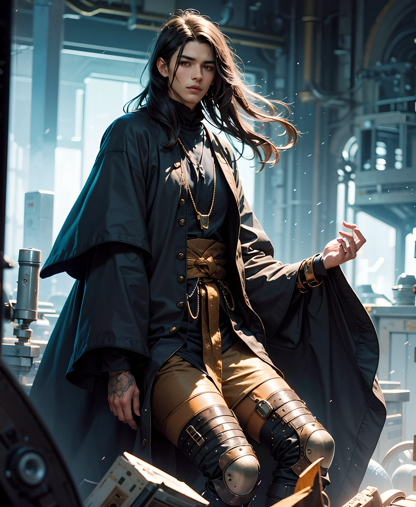 Black long haired male in black robes, handsome