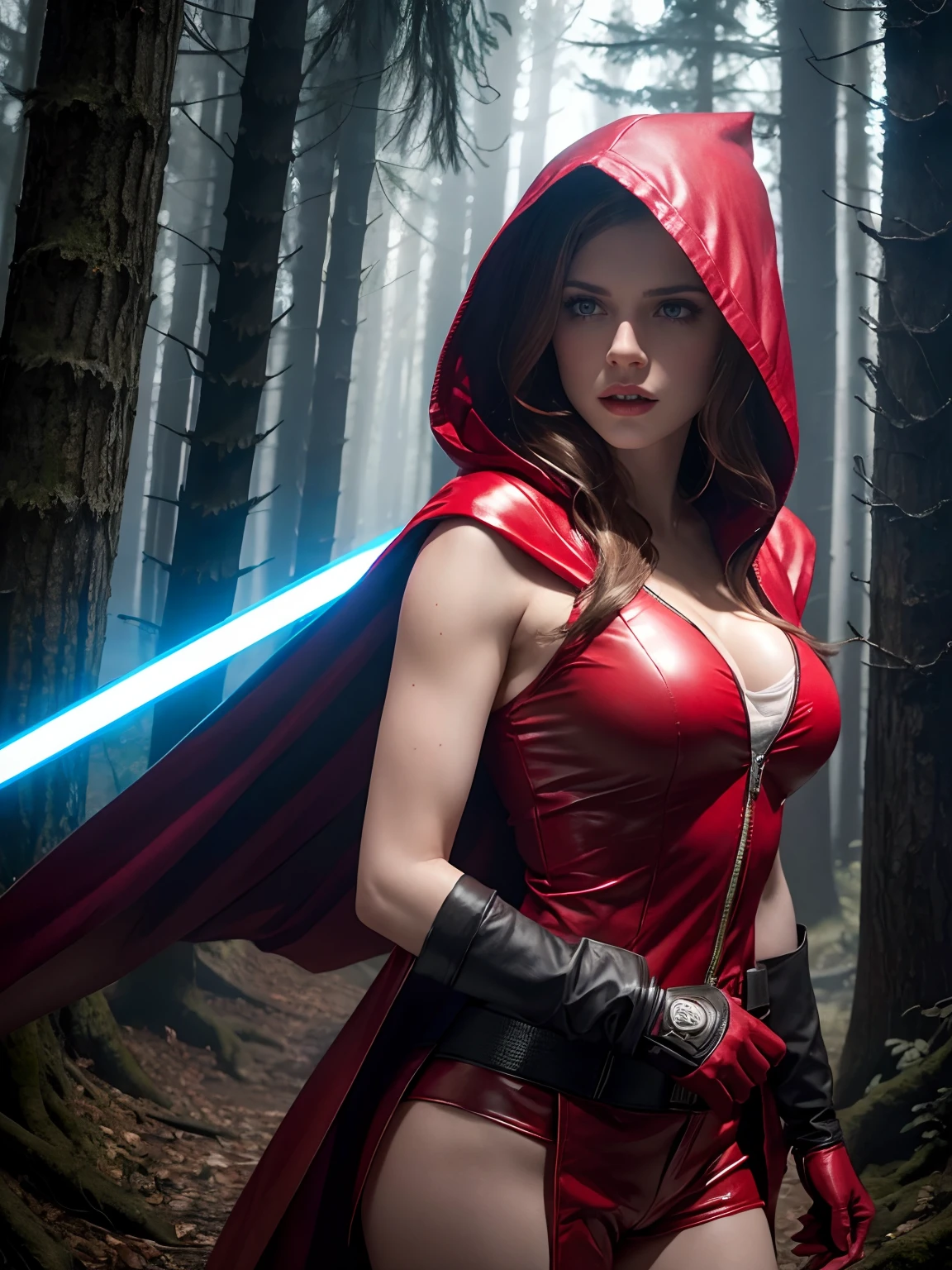 Anna Kendrick as an extremely sexy red riding hood, in red jedi cosplay, dynamic pose, full body, subtle makeup, golden hour, photorealistic, high contrast, 8k HD, detailed, hyper-detailed, realistic skin texture, covered with red hood, big breast, best quality, ultra high res, raw photo, dramatic lighting, unreal engine, diffuse glow, intricate red hood, outdoor, realistic detailed dark forest, holding a blue light saber, detailed light saber.