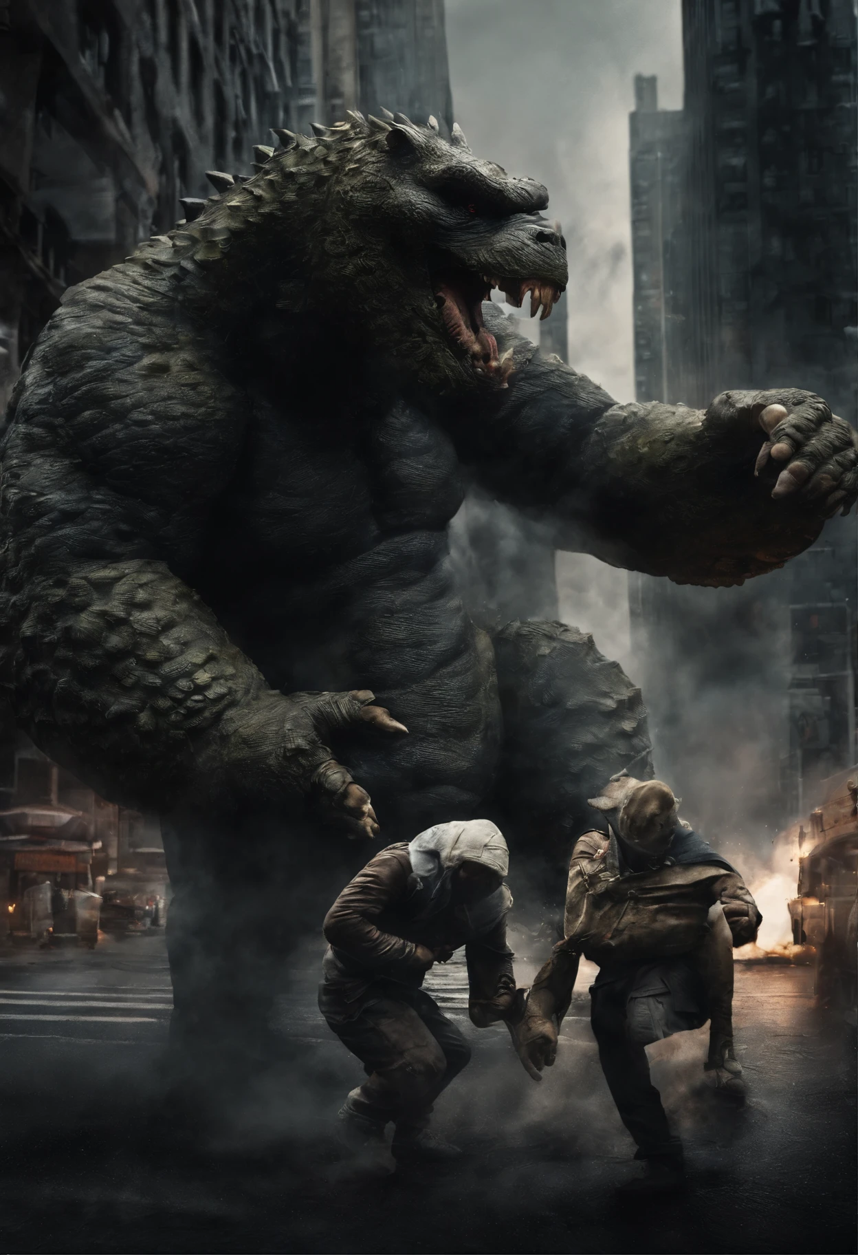 two Godzillas are fighting ,In a city,There are small fighters in the air,There are many vehicular pedestrians on the ground