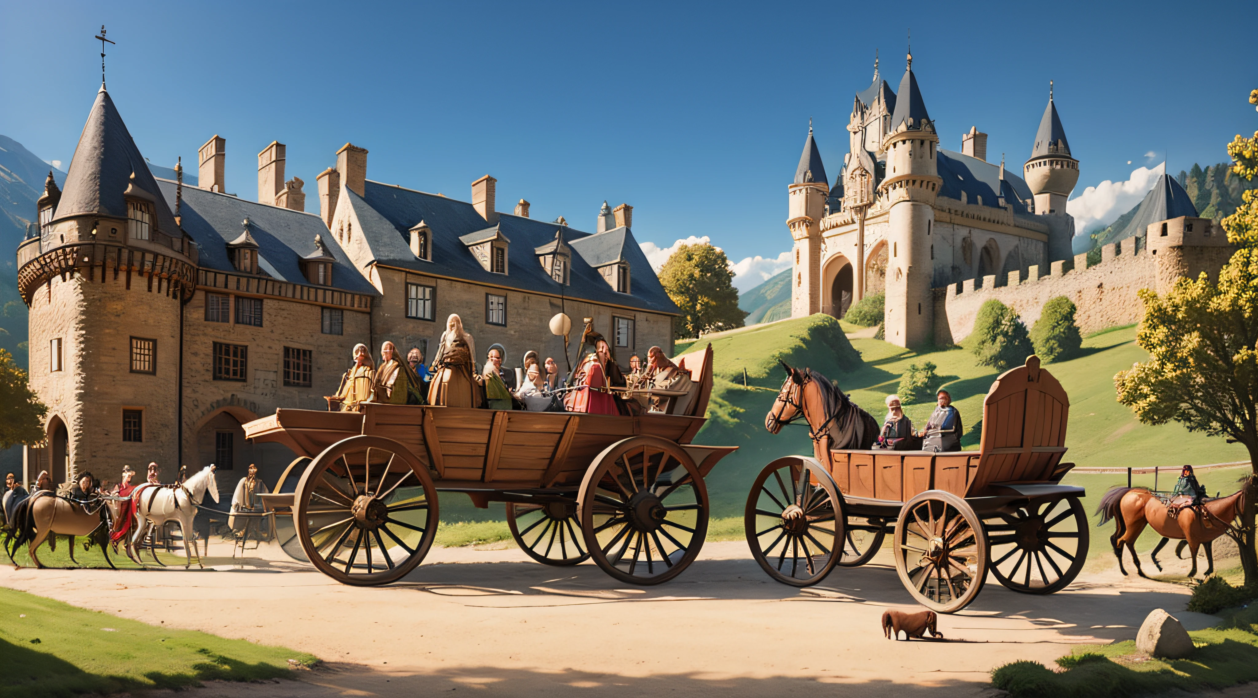 a medieval wagon being pulled by a horse with a king on top of the wagon, A medieval crowd around the wagon in a medieval castle and town setting