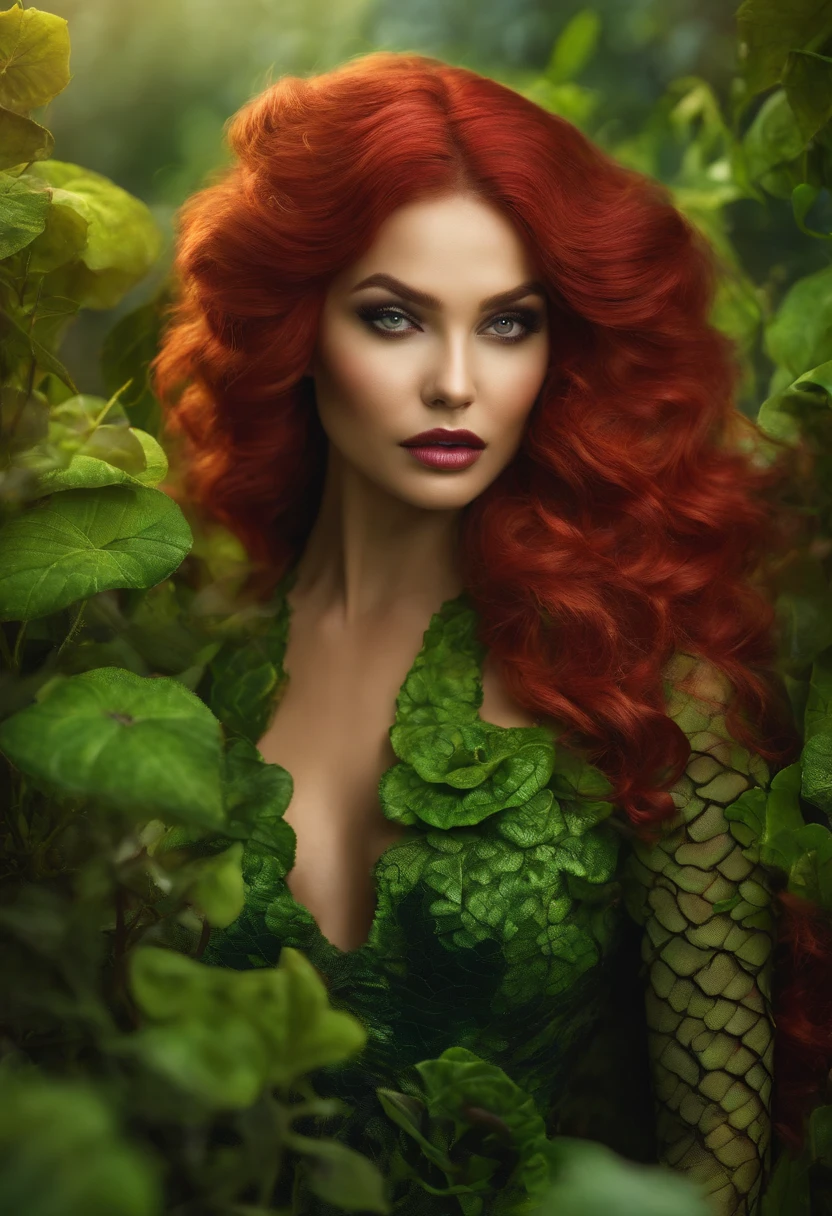 Poison ivy surrounded by carnivorous plants, toplees com su lindo cabelo ruivo, pose de corpo inteiro