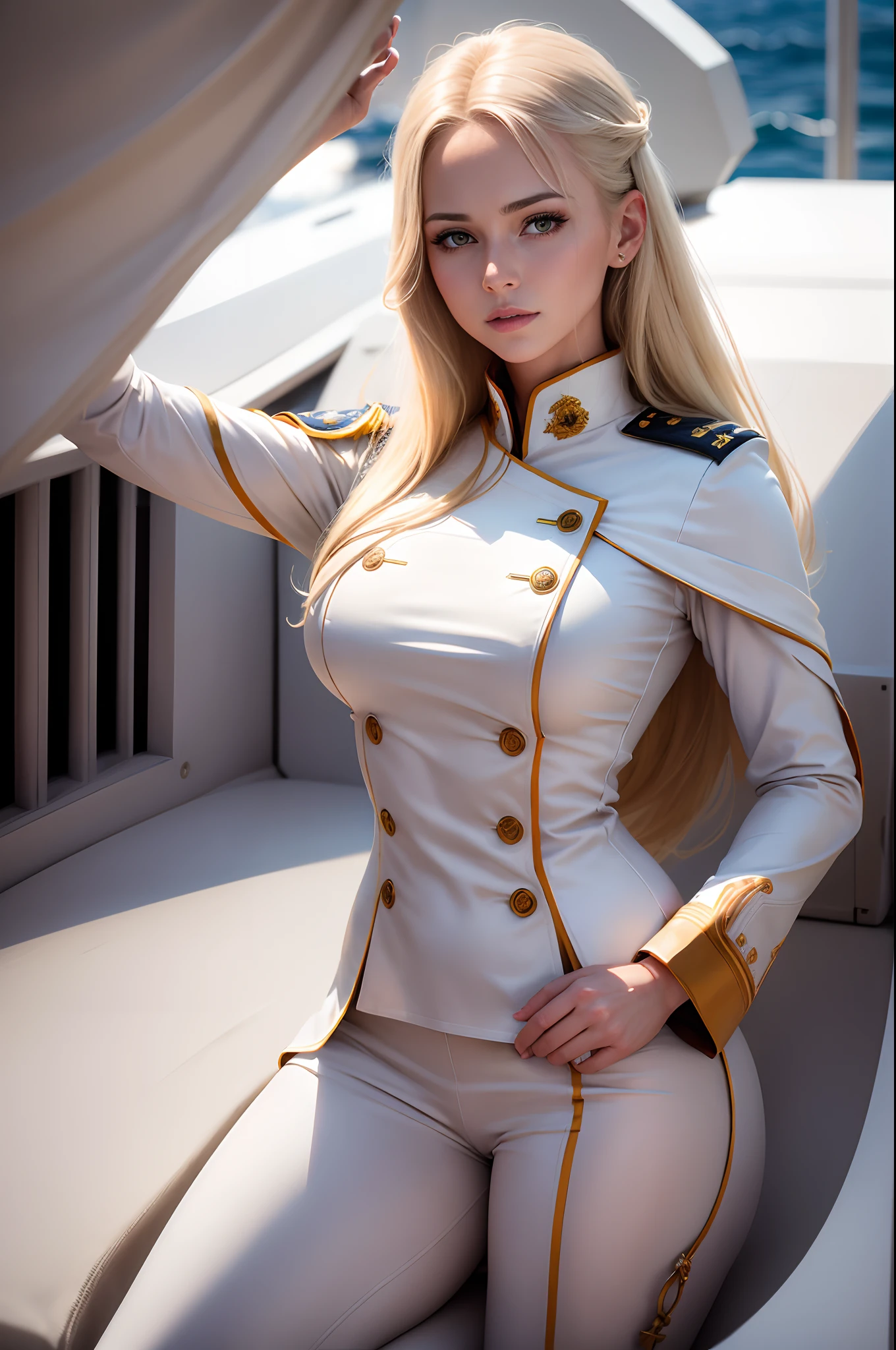 (8K,Photorealsitic　Raw photography　top-quality;1.4) 　(1 mature female)　Super beauty　(Lifelike face)　Blonde woman in white uniform posing on warship,　Salute woman in white military uniform　White military uniform pants　Naval officer　Beautiful expression　real looking skin　超A high resolution　Precision Details　Warship deck　Sunset