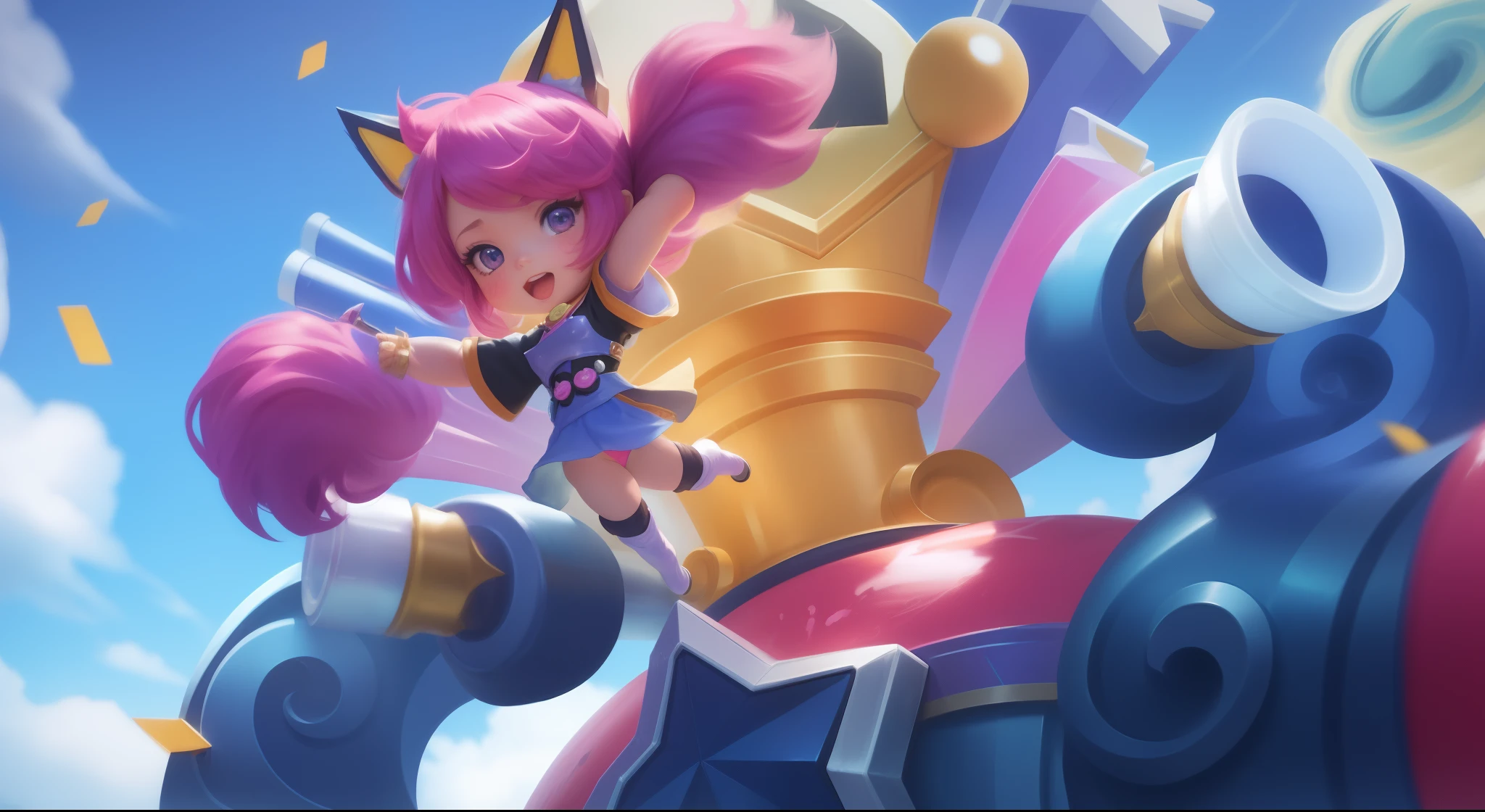A closeup of a woman in a pink outfit mounted on a giant robot, jinx arcano, Splashart de League of Legends, League of Legends arte splash, star guardians, Serafim Ahri KDA, de League of Legends, Splash Art Oficial, Arte Splash, Arte do personagem de League of Legends, Star Guardian Inspirado, Arte Splashe Anime Loli, Chibi,8K FULL HD