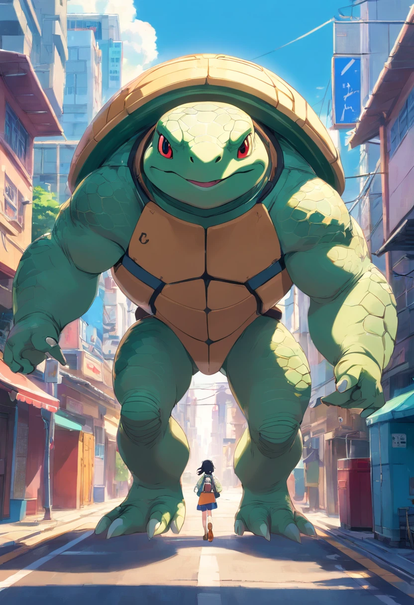 ((foto crua)), ((obra-prima)), Anthropomorphic humanoid turtle, andando entre as pessoas, detalhe intrincado, intricate Greebles pieces, corpo musculoso, muscular arms, small head, Ogro monstruoso, Titan, has house on its back,