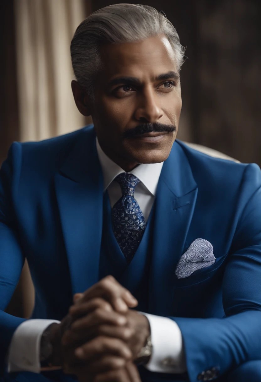 Certamente, refinar ainda mais o pedido para um retrato 8K ultrarrealista de um distinto cavalheiro de cabelos curtos e na casa dos 40 anos, com olhos negros penetrantes. He is impeccably dressed in a meticulously tailored royal blue suit, complementado por uma gravata perfeitamente combinando.
