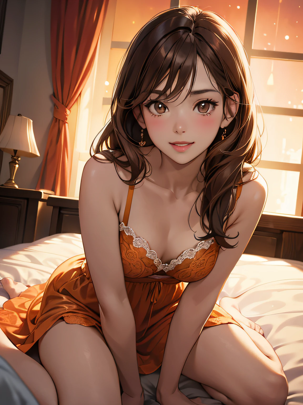 mature woman, small breasts, long brown hair, orange night dress (lingerie), light brown eyes, coral lips color, seduce smile, blush, naughty face, sitting on bed, Surrealism, anime style, depth of field, 8k, super detail, high details, Cinematic lighting, night time, shadow over face, Close-up, camera from the bottom up, hyper HD, Masterpiece, High details，detailed light, detailed shadow, detailed background.