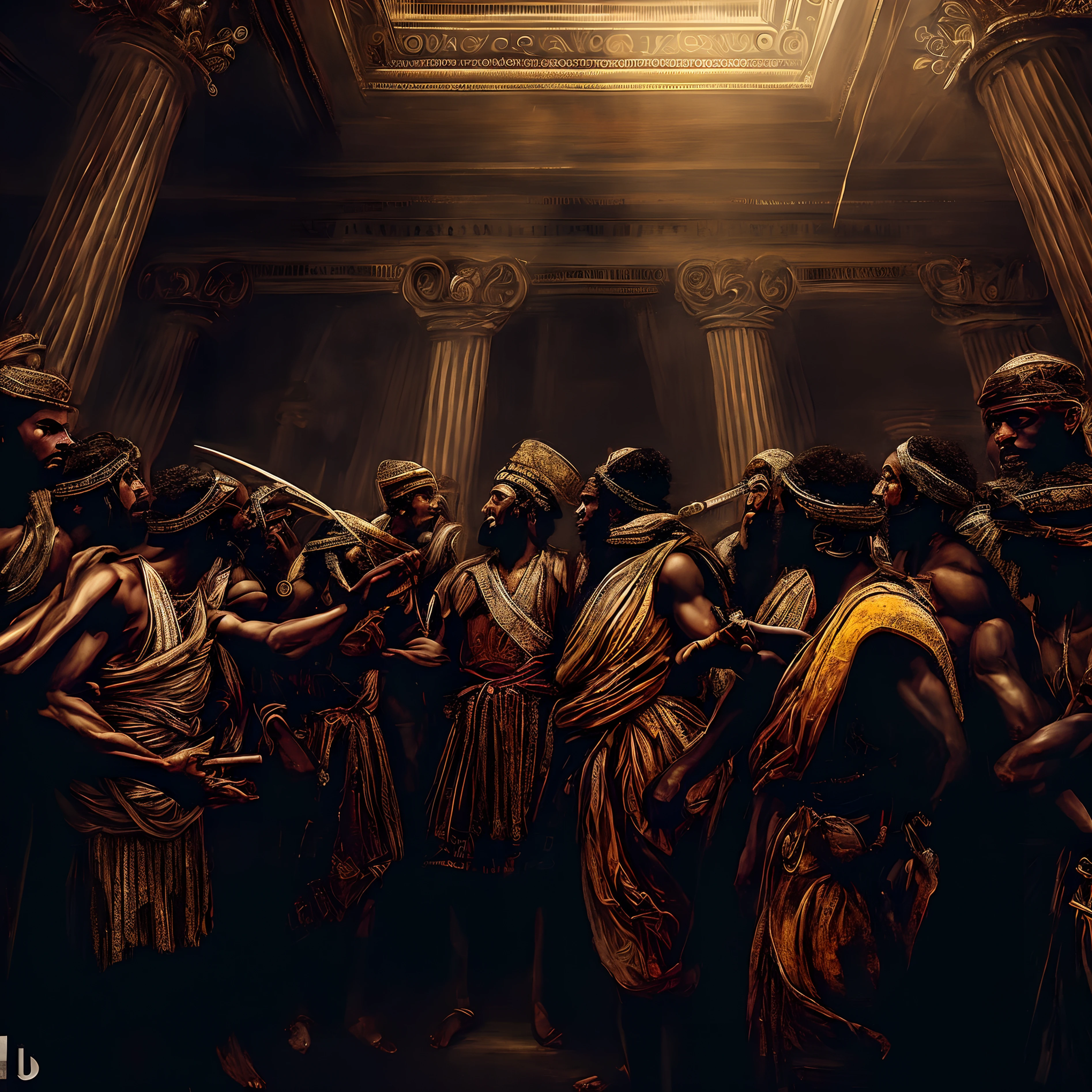 Group of black African men, with typical African clothing, arguing, angry, tense faces, chaotic atmosphere, place with Athens school style architecture, panoramic image, cinematic, dark lighting, rays of light, 1800s, African symbology and gold, painting , dark lighting, epic wallpaper, 8k, Michelangelo style painting, renaissance painting, neoclassical painting, neoclassical style, masterpiece, epic painting, awesome renaissance painting, ultra detailed, stunning, Cinematic, intricate details, UHD ,best quality.