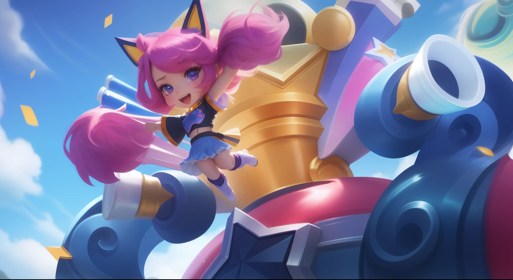 A closeup of a woman in a pink outfit mounted on a giant robot, jinx arcano, Splashart de League of Legends, League of Legends arte splash, star guardians, Serafim Ahri KDA, de League of Legends, Splash Art Oficial, Arte Splash, Arte do personagem de League of Legends, Star Guardian Inspirado, Arte Splashe Anime Loli, Chibi,8K FULL HD