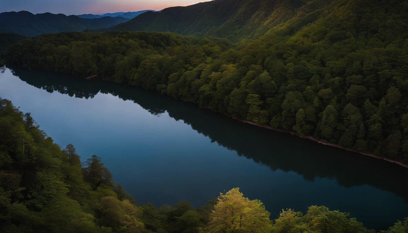 There is a stream flowing in the forest.、The sun goes down and it becomes night、I see the stars。The water is clean。Photograph this from 30 meters in the sky with a drone、mountain in the distance々The ridgeline is slightly bright.、Stars shine in the sky。