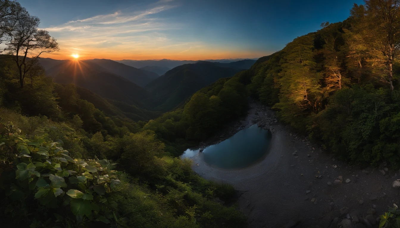 In the stream between the mountains in the background, a very beautiful young woman with a very beautiful body is fishing without a shirt on
