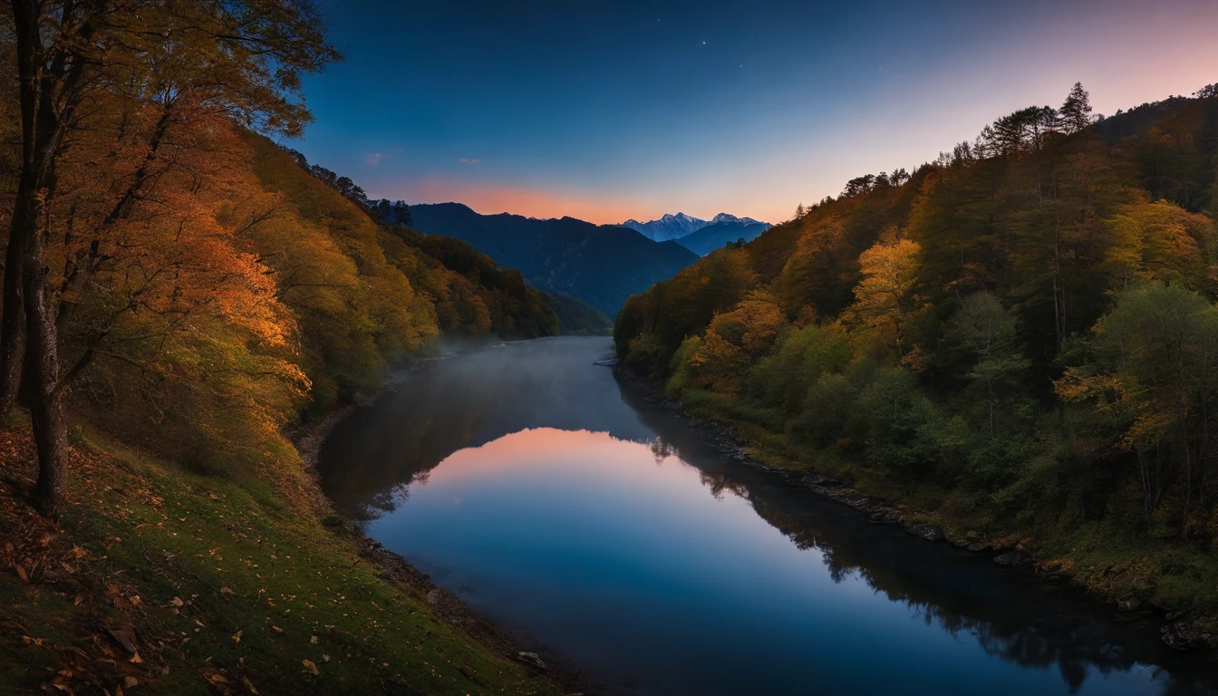 There is a stream flowing in the forest.、The sun goes down and it becomes night、I see the stars。The water is clean。Photograph this from 30 meters in the sky with a drone、mountain in the distance々The ridgeline is slightly bright.、Stars shine in the sky。