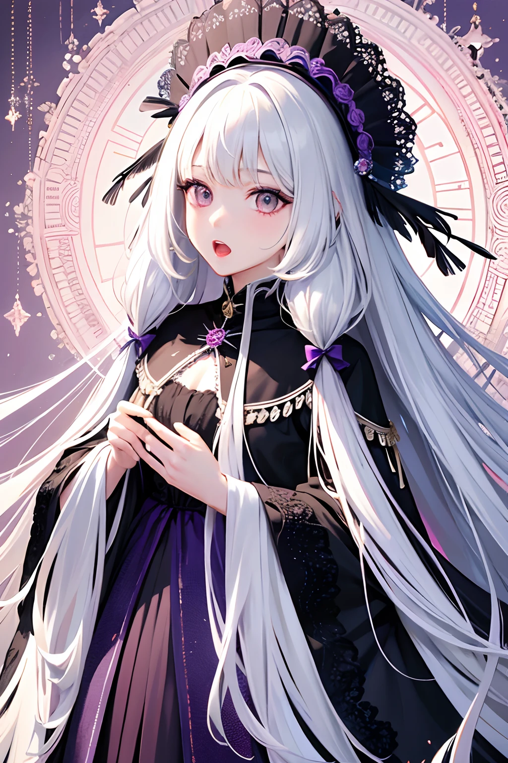 (tmasterpiece,top Quority,best qualtiy,offcial art,Beauty and aesthetics:1.2),(1girll),Extremely detailed,(s fractal art:1.3),Extremely colorful,Most detailed,long white hair,Doll collar,shift dresses,Dan purple eyes,Headdress of feathers and flowers,vivaciousness,Mouth open