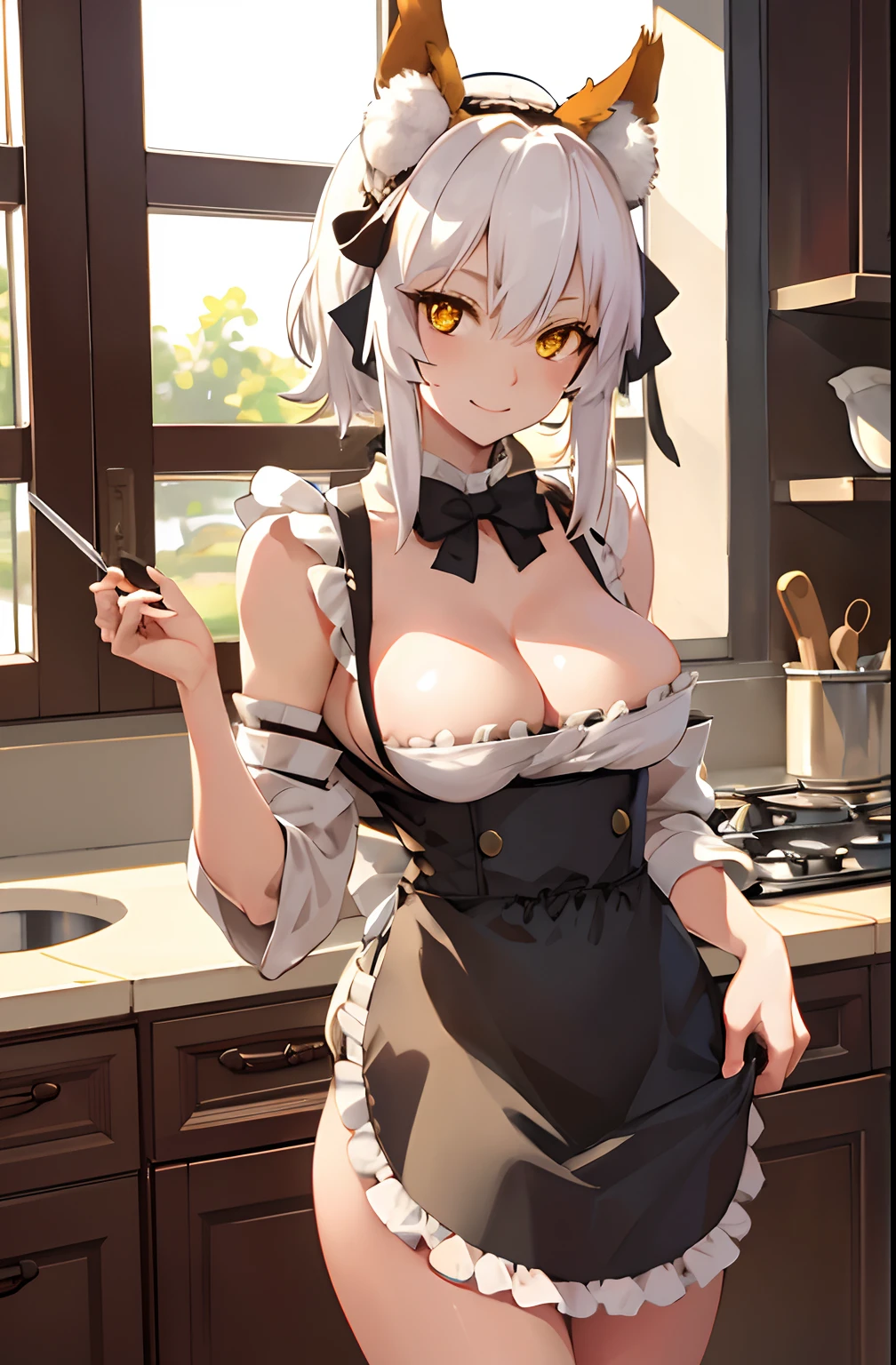 solo, best quality, masterpiece, portrait, solo, sharp focus, tamamo no mae, naked apron, white hair, yellow eyes, victorian kitchen, looking at viewer