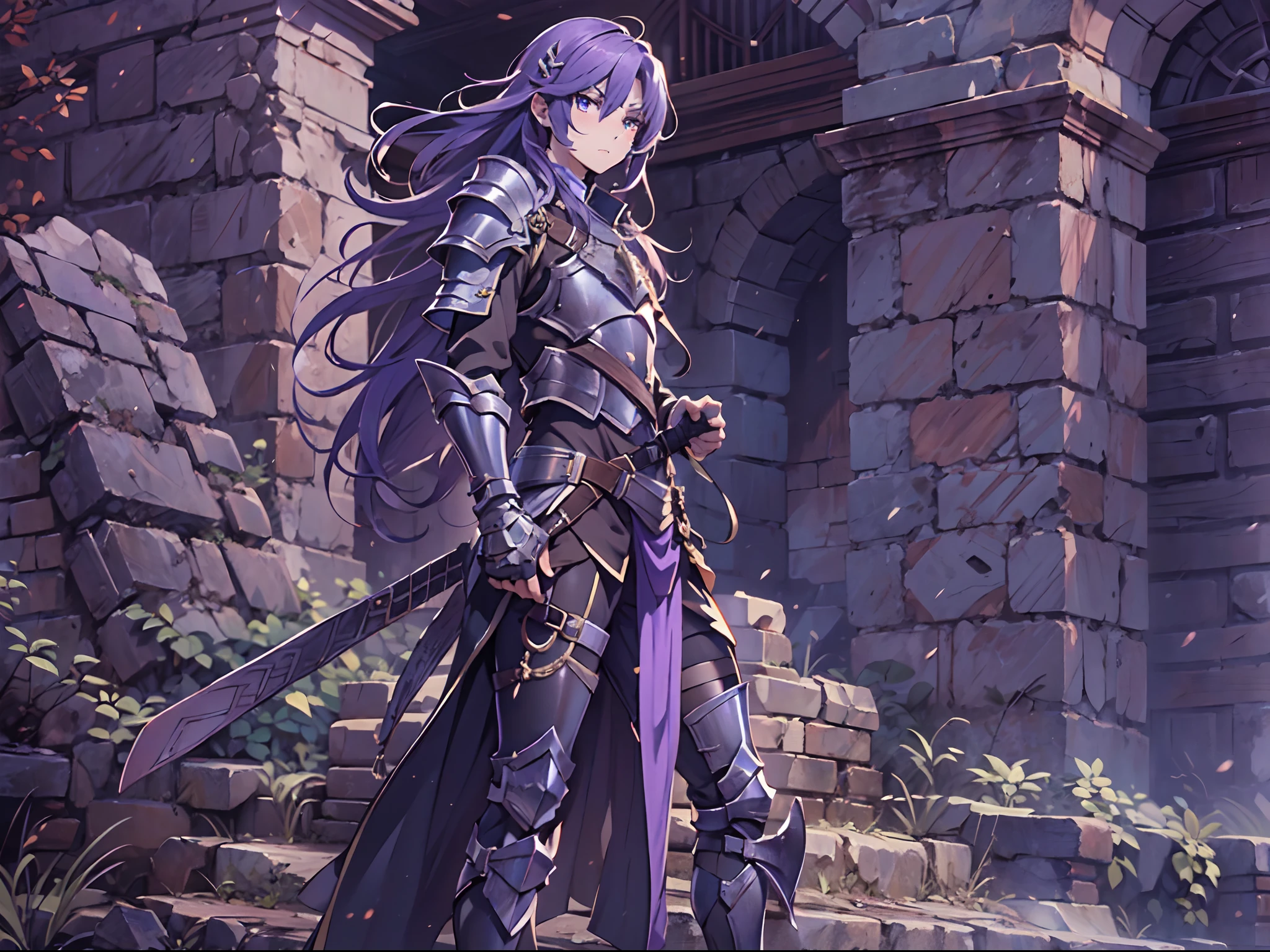 Ultra High Definition, Ultra High Quality, Extremely Detailed, 8k, 1 Boy, Rudeus Greyrat From Mushoku Tensei Anime, Handsome, Armored With War General Armor, Pure Purple Pupil Eyes, Long Haired Tied With Chinese Hairpin, Body To Legs Body Shot, Ancient Ruins Background,