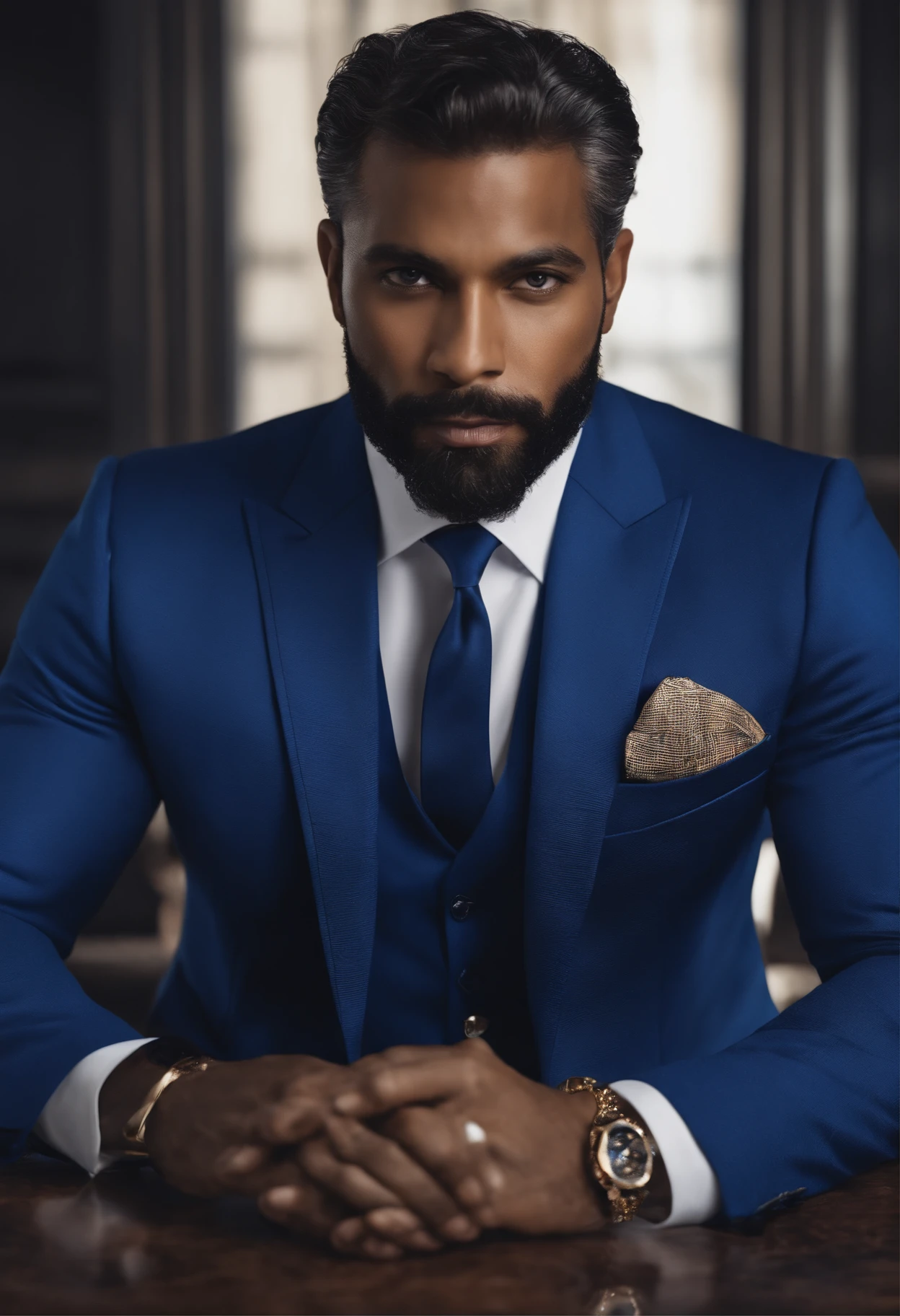 Certamente, refinar ainda mais o pedido para um retrato 8K ultrarrealista de um distinto cavalheiro de cabelos curtos e na casa dos 40 anos, com olhos negros penetrantes. He is impeccably dressed in a meticulously tailored royal blue suit, complementado por uma gravata perfeitamente combinando.