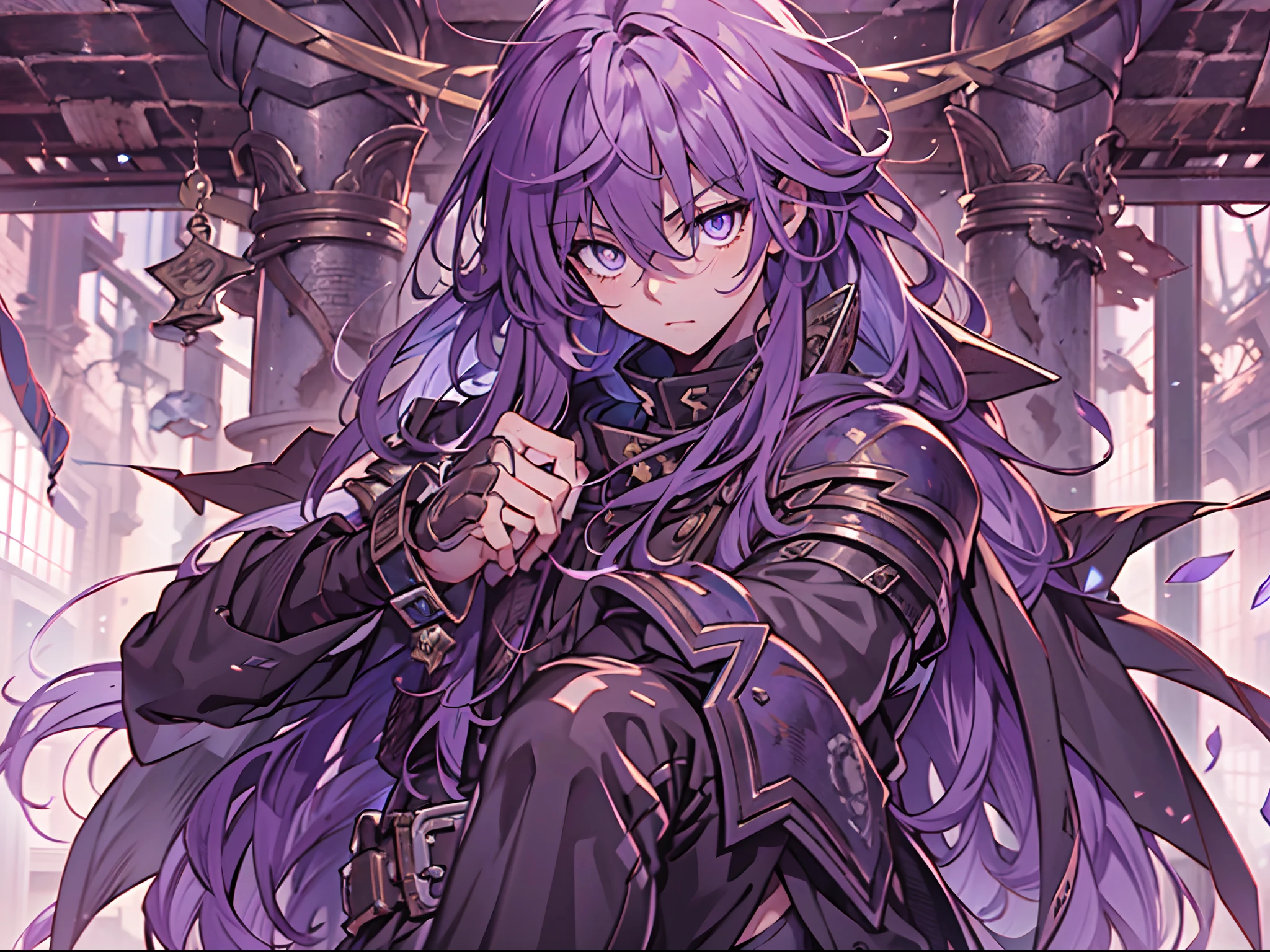 Ultra High Definition, Ultra High Quality, Extremely Detailed, 8k, 1 Boy, Rudeus Greyrat From Mushoku Tensei Anime, Handsome, Armored With War General Armor, Pure Purple Pupil Eyes, Long Haired Tied With Chinese Hairpin, Body To Legs Body Shot, Ancient Ruins Background,