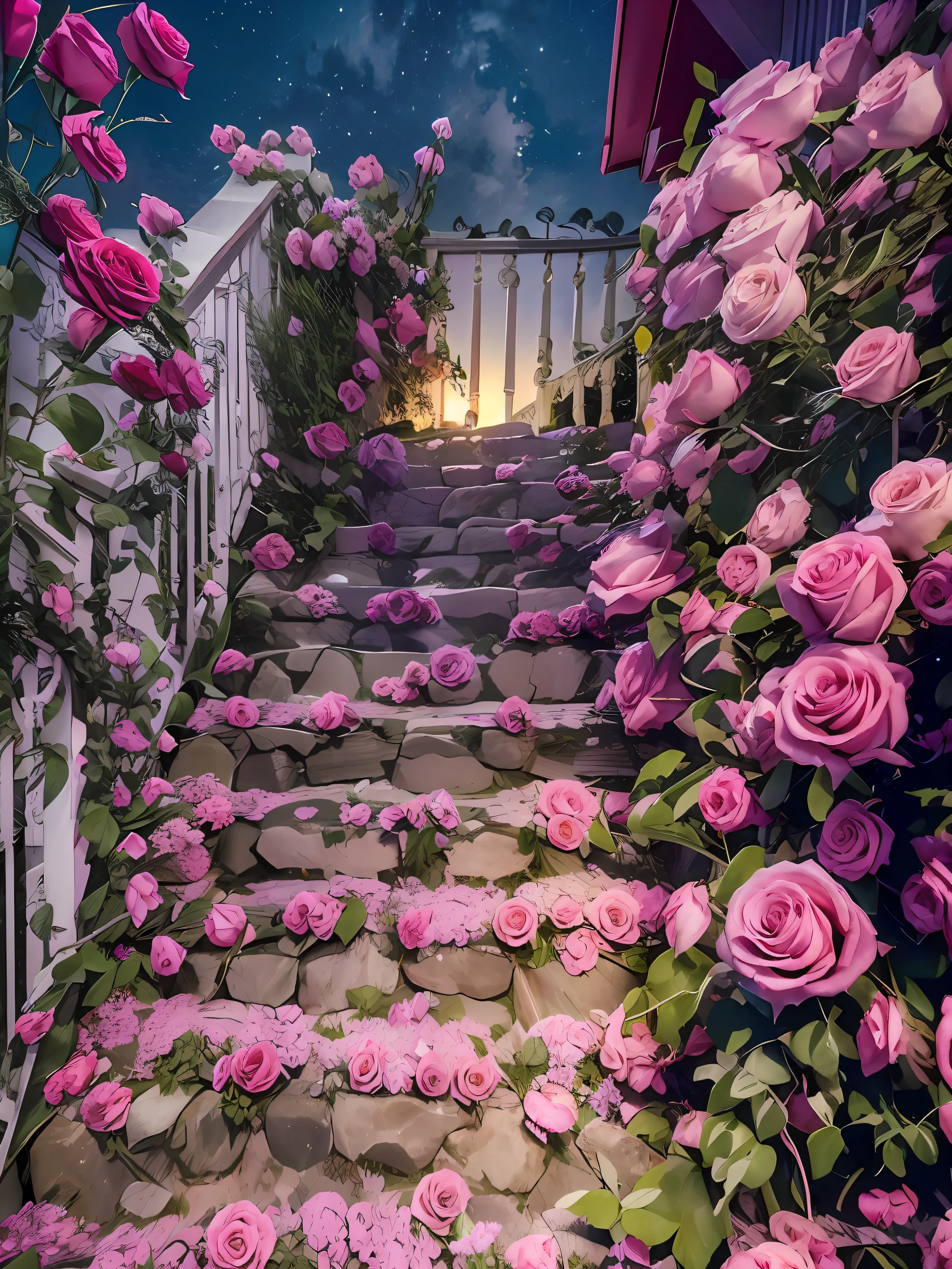 Night sky, The stars twinkle, The steps of the house are dotted with many pink roses, It's like a reflection of the stars, Fantastic sights, Roses give off a faint aroma, Intoxicating, rosses, rosette, beautiful aesthetic, Beautiful garden, Pink petals, portal made of roses, A stairway to the stars, blissful, leading to a beautiful, pink hues, shades of pink, Beautiful image, How amazing, Starry sky pink