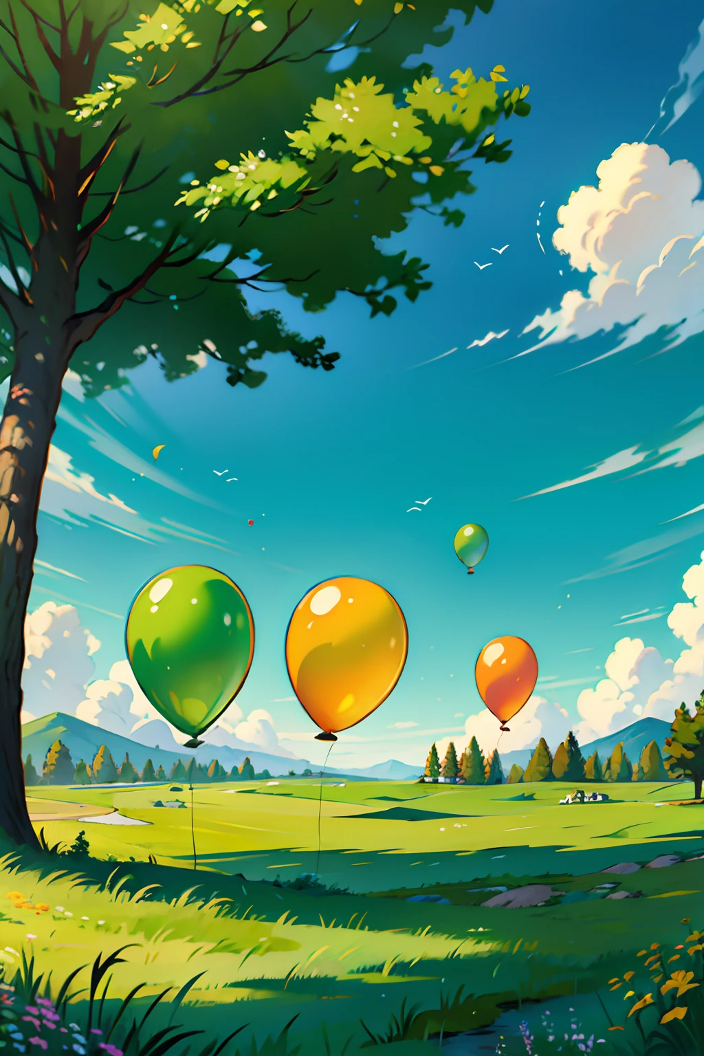 A painting of a summertime landscape, green trees, green grass, three multi-colored party balloons floating by, daytime light.