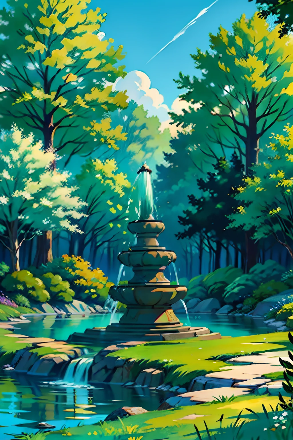 A painting of a summertime landscape, green trees, green grass, decorative water fountain, daytime light.