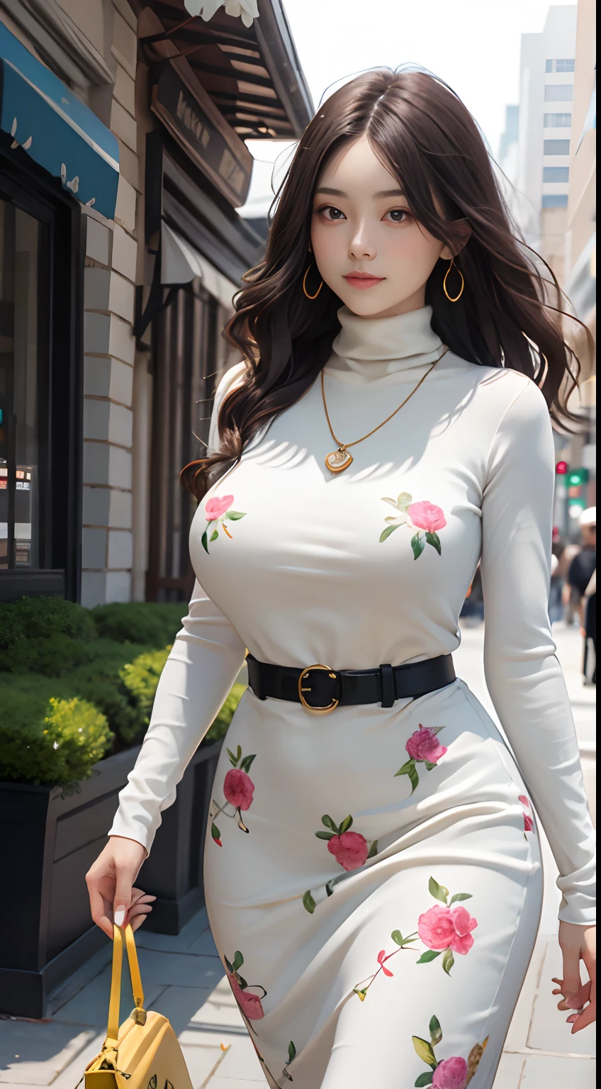 (Masterpiece, Best quality), Young woman, perfect slim fit body, (Huge breasts), big gorgeous eyes, Soft smile, Delicate turtleneck print sun dress, necklace, shairband, afternoon walk, City garden, Excellent lighting, Bright colors, Clean lines