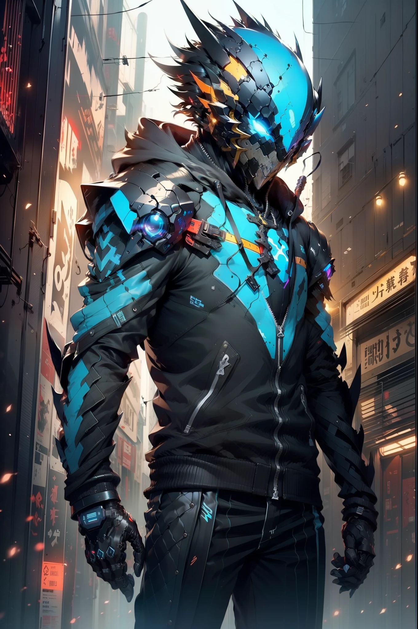 There was a boy wearing a mask and a black hoodie，With a knife in his hand, Hyper-realistic cyberpunk style，Digital cyberpunk anime style，cyan colors