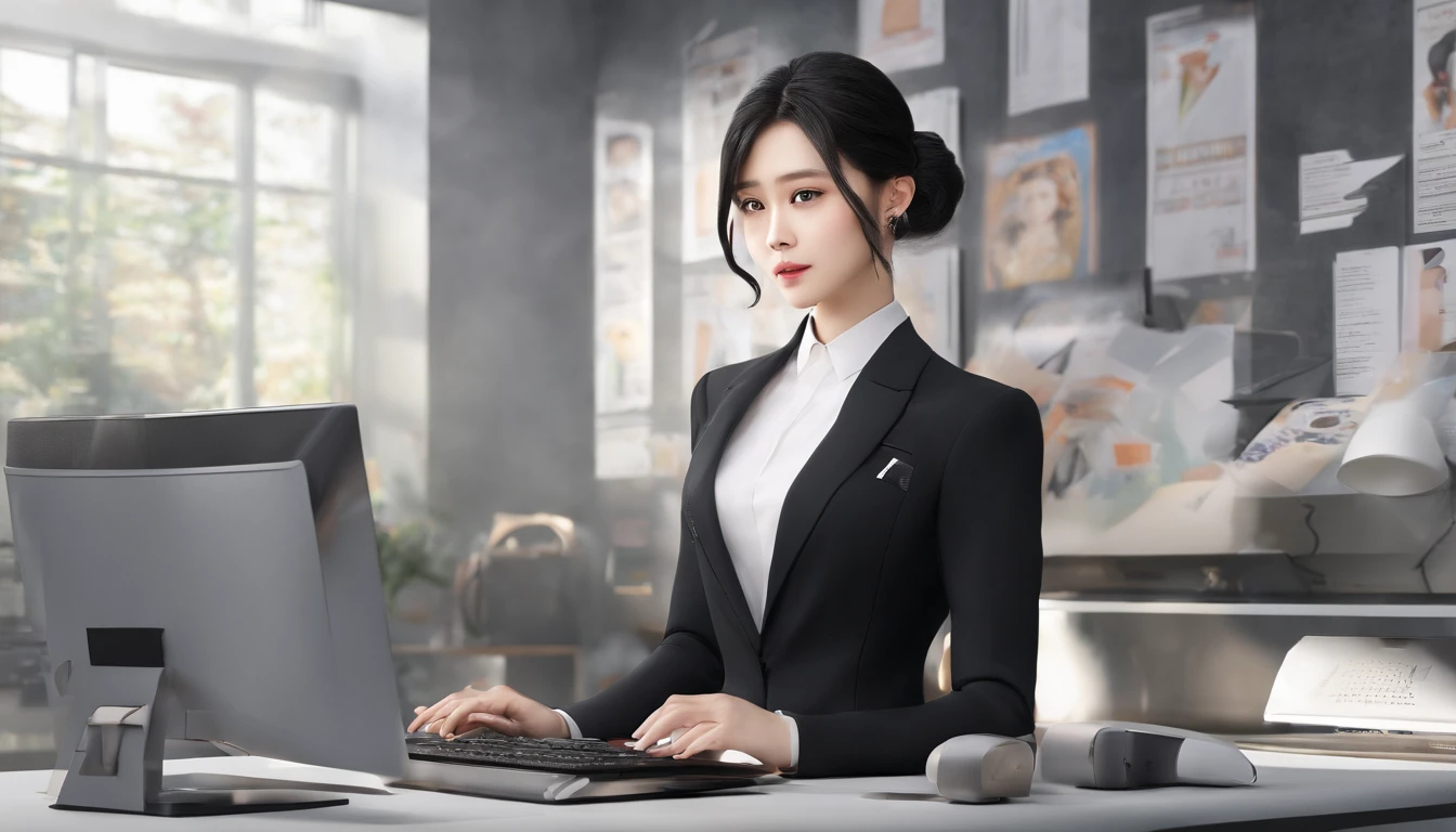 ((Best Quality, 8K, masutepiece)), Working on a computer, 1人の女性, Slim Face, Black Suit, Double eyelids, Sit up