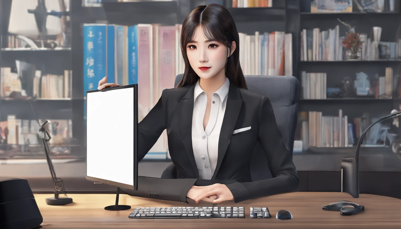 ((Best Quality, 8K, masutepiece)), Working on a computer, 1人の女性, Slim Face, Black Suit, Double eyelids, Sit up