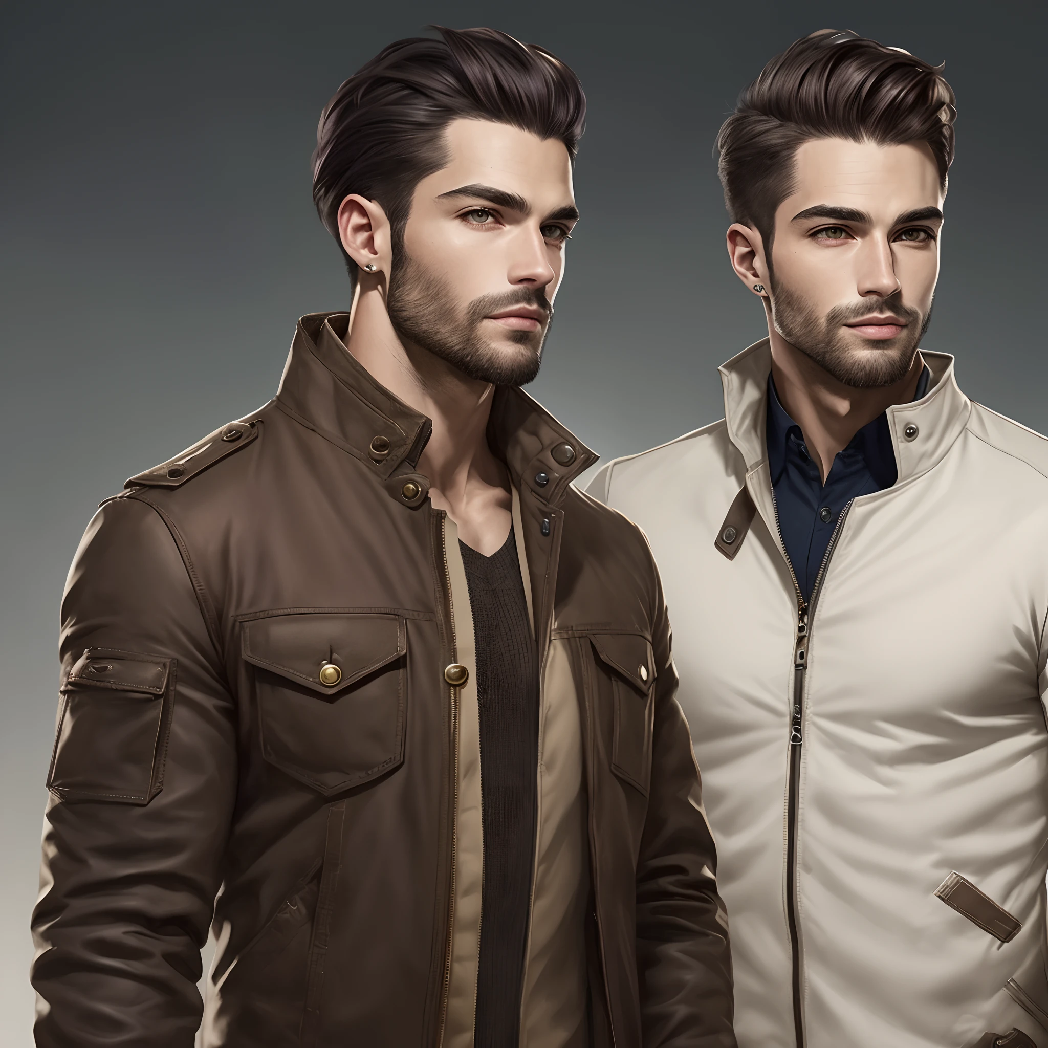 Desenho de personagem masculino, rosto quadrado, alto, forte, meia idade, cabelo curto, jaqueta de couro aberta, cargo pants, botas, coldre. realista