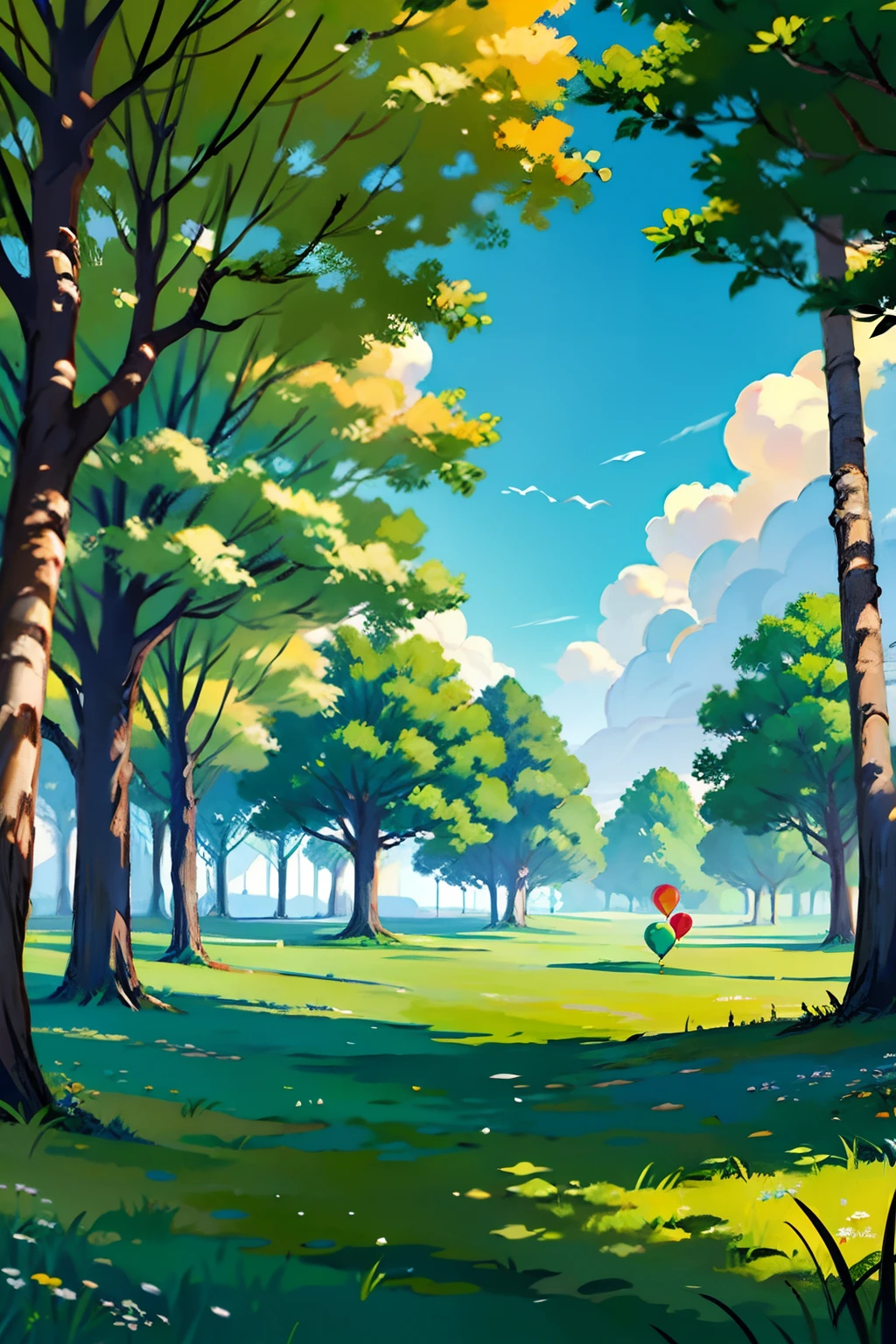 A painting of a summertime landscape, green trees, green grass, three multi-colored party balloons floating by, daytime light.