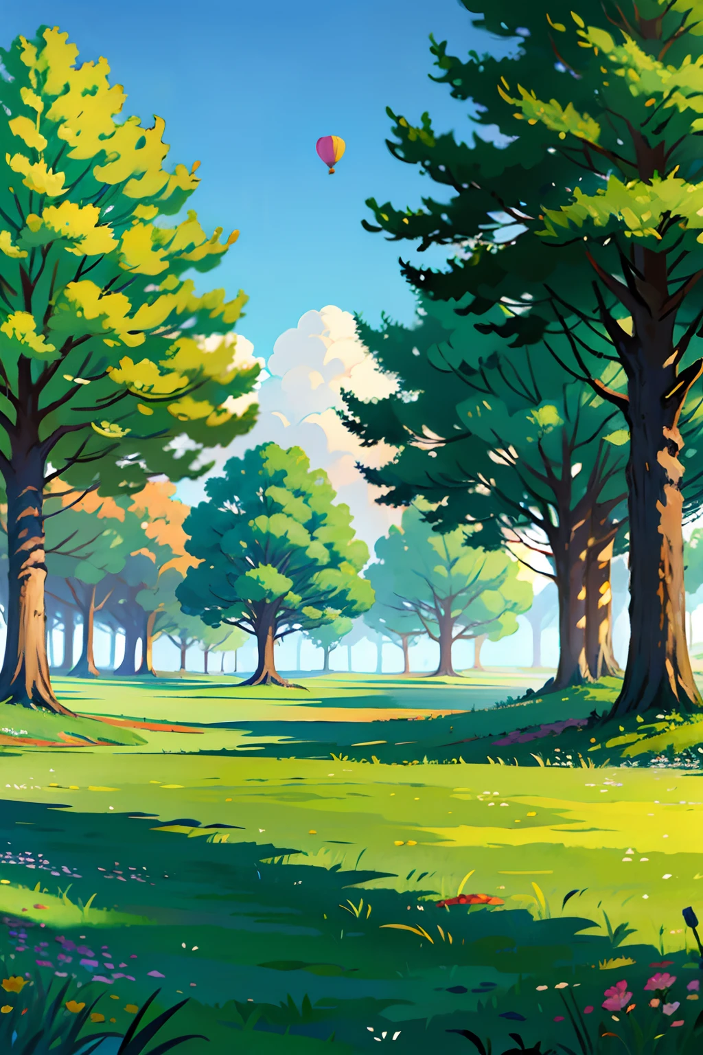 A painting of a summertime landscape, green trees, green grass, three multi-colored party balloons floating by, daytime light.