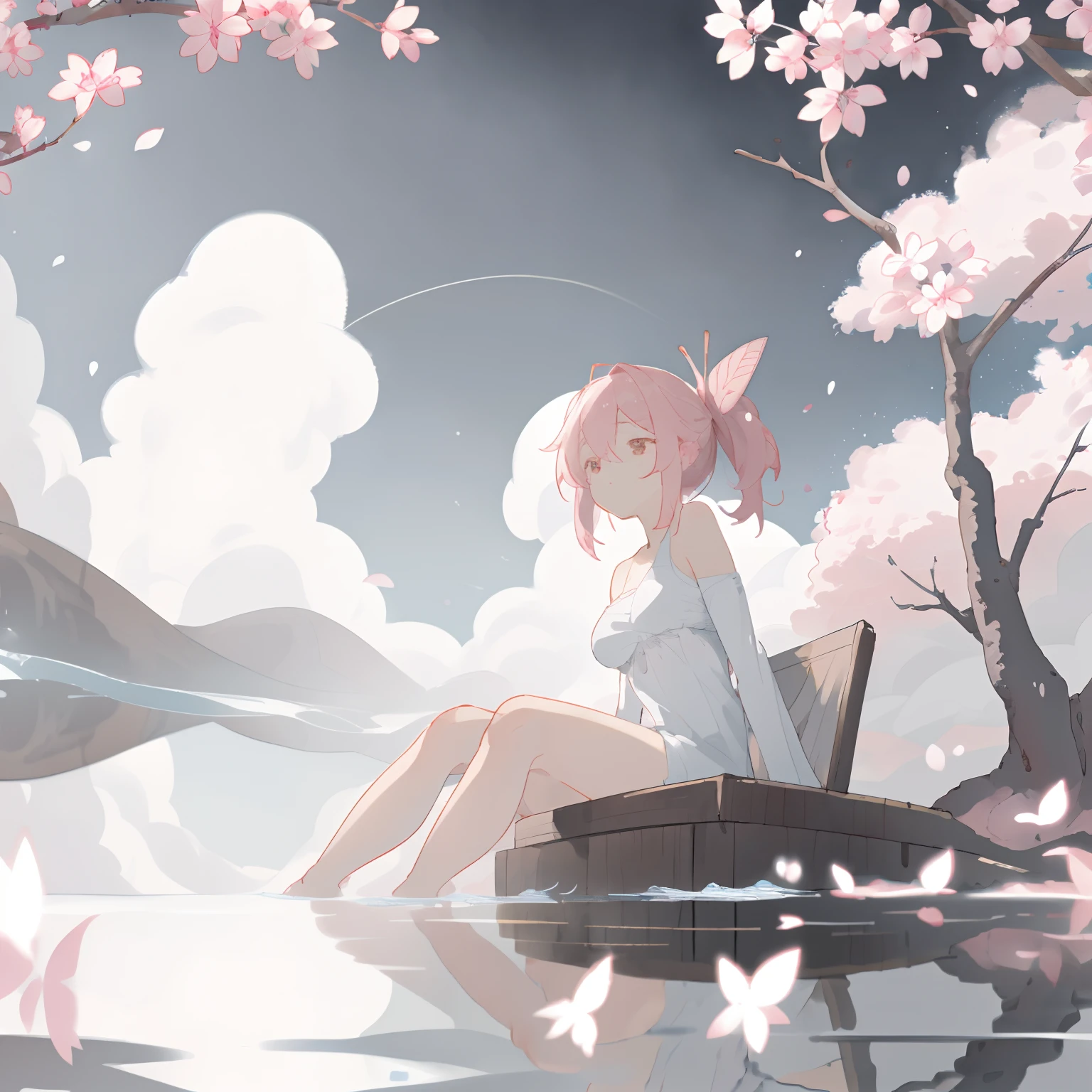 masterpiece, best quality, ultra-detailed, illustration, 1girl, solo,((sitting in the shallow water, surrounded by pink sakura petals floating on the water)), butterfly, wisteria, electricity, blue sky, cloudy sky,(large breasts), ((eye focus)), expressionless, critical angle, bokeh, depth of field, ((eye focus)), light glowing particles, arms behind back,