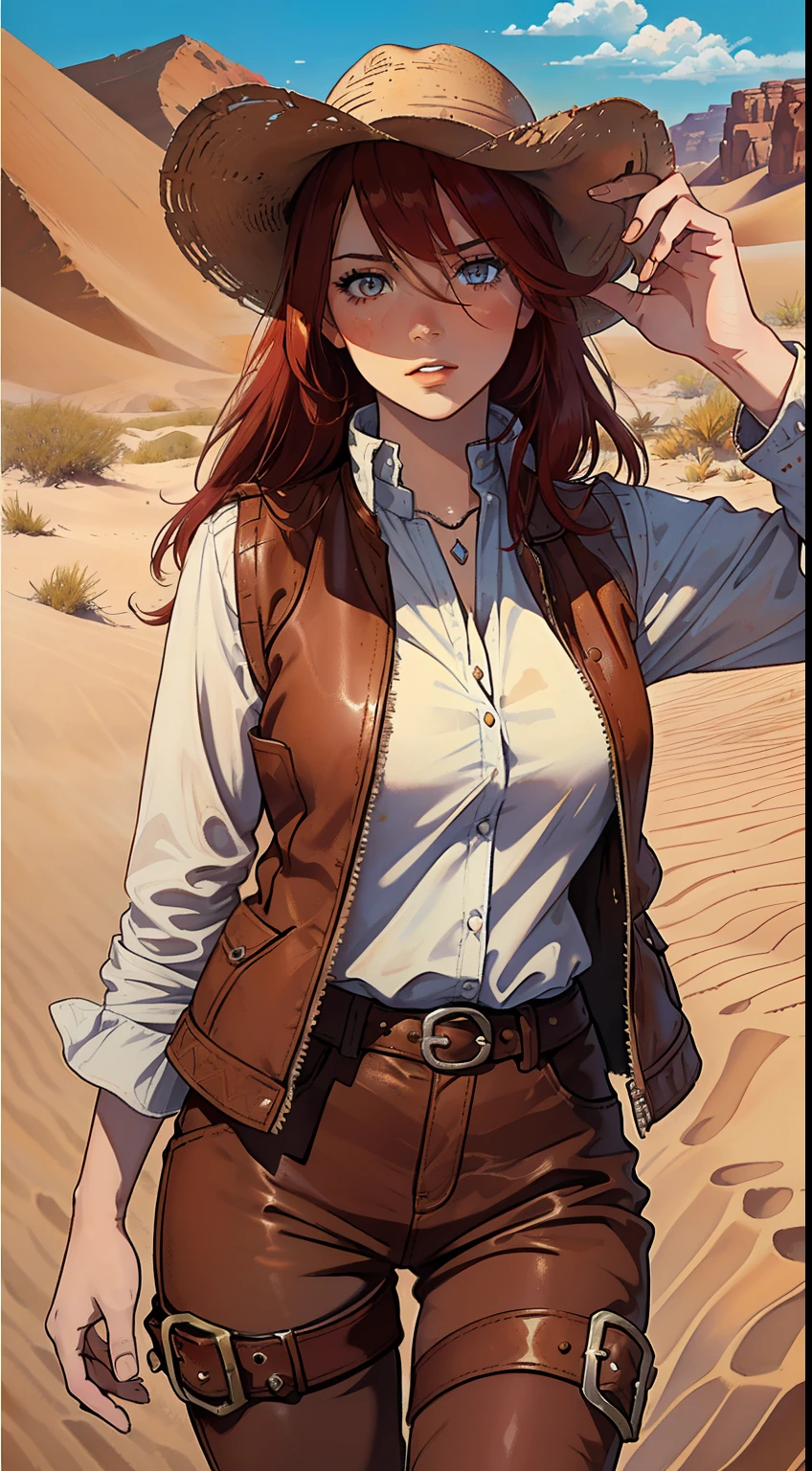 (a beautiful girl:1.1, red-haired girl:1.1, detailed face and eyes, expressive lips:1.1), (desert landscape, wide open space, sandy dunes), (cowboy outfit, leather vest and boots), (bright sunlight, warm tones), (oil painting style, rich texture), (intense gaze)