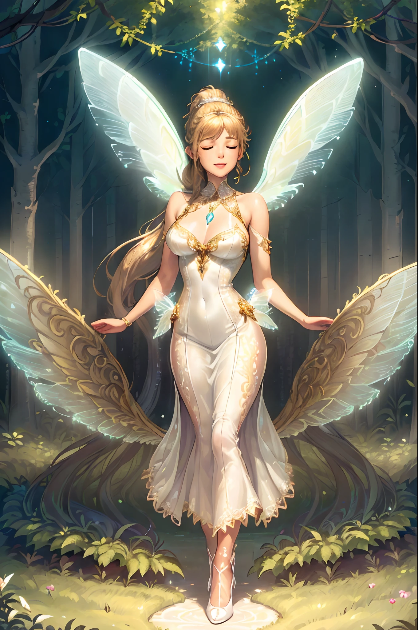 masterpiece, high quality, best quality, beautiful, hd, perfect lighting, detailed face, detailed body, (1 woman), solo, (brown ponytail hair), closed eyes, medium breasts, (long fairy dress with an open neckline:1.4), (white long shining dress:1.2),( shiny angel wings:1.3), smile, full body,  magic-fantasy-forest, white high-heel shoes