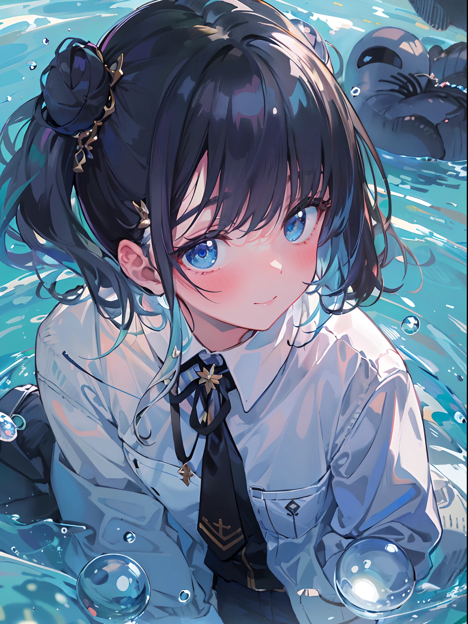 ((top-quality)), ((​masterpiece)), ((ultra-detailliert)), (extremely delicate and beautiful), girl with, 独奏, cold attitude,((Black jacket)),She is very(relax)with  the(Settled down)Looks,A dark-haired, depth of fields,evil smile,Bubble, under the water, Air bubble,bright light blue eyes,Inner color with light blue hair and dark blue tips,Cold background,Bob Hair - Linear Art, shortpants、knee high socks、White uniform like school uniform、Light blue ribbon ties、Clothes are sheer、Hands in pockets,bun, messy bun, side bun