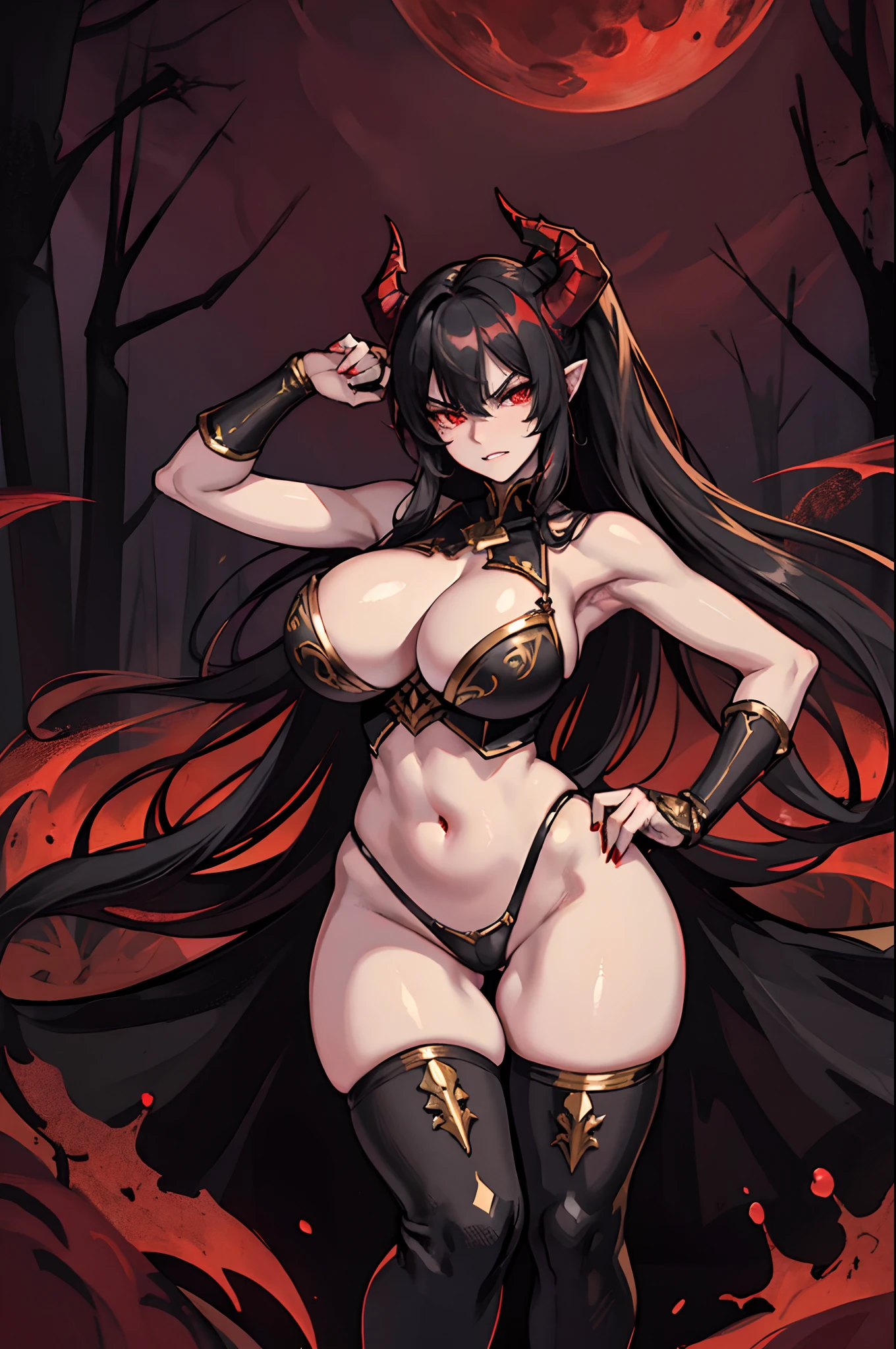 Demon knight, sexy, milf, jet black hair short ponytail, red skin two short horns, gold eyes, white armor with gold trimming, long shiny sword, (gigantic knockers), (hentai like tits), (large breasts), deep cleavage, (nipples are partial), wide hips, (thick toned thighs), (preparing for battle), in a dark forest under the light of a red moon, battle worn, (glowing red eyes hidden in the forest), (ultra detail), (high resolution), (action packed), (splattered in blood), (cammel toe), (angry face).