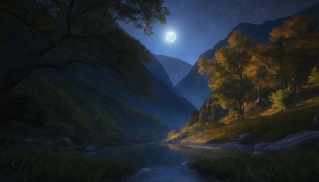 There is a stream flowing in the forest.、natta、I see the stars。The water is clean in the moonlight。mountain in the distance々The ridgeline is slightly bright.、Stars shine in the sky。