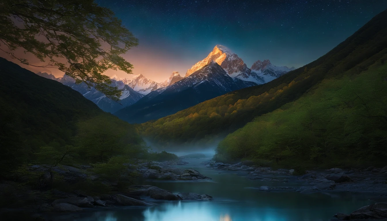 There is a stream flowing in the forest.、natta、I see the stars。The water is clean in the moonlight。mountain in the distance々The ridgeline is slightly bright.、Stars shine in the sky。