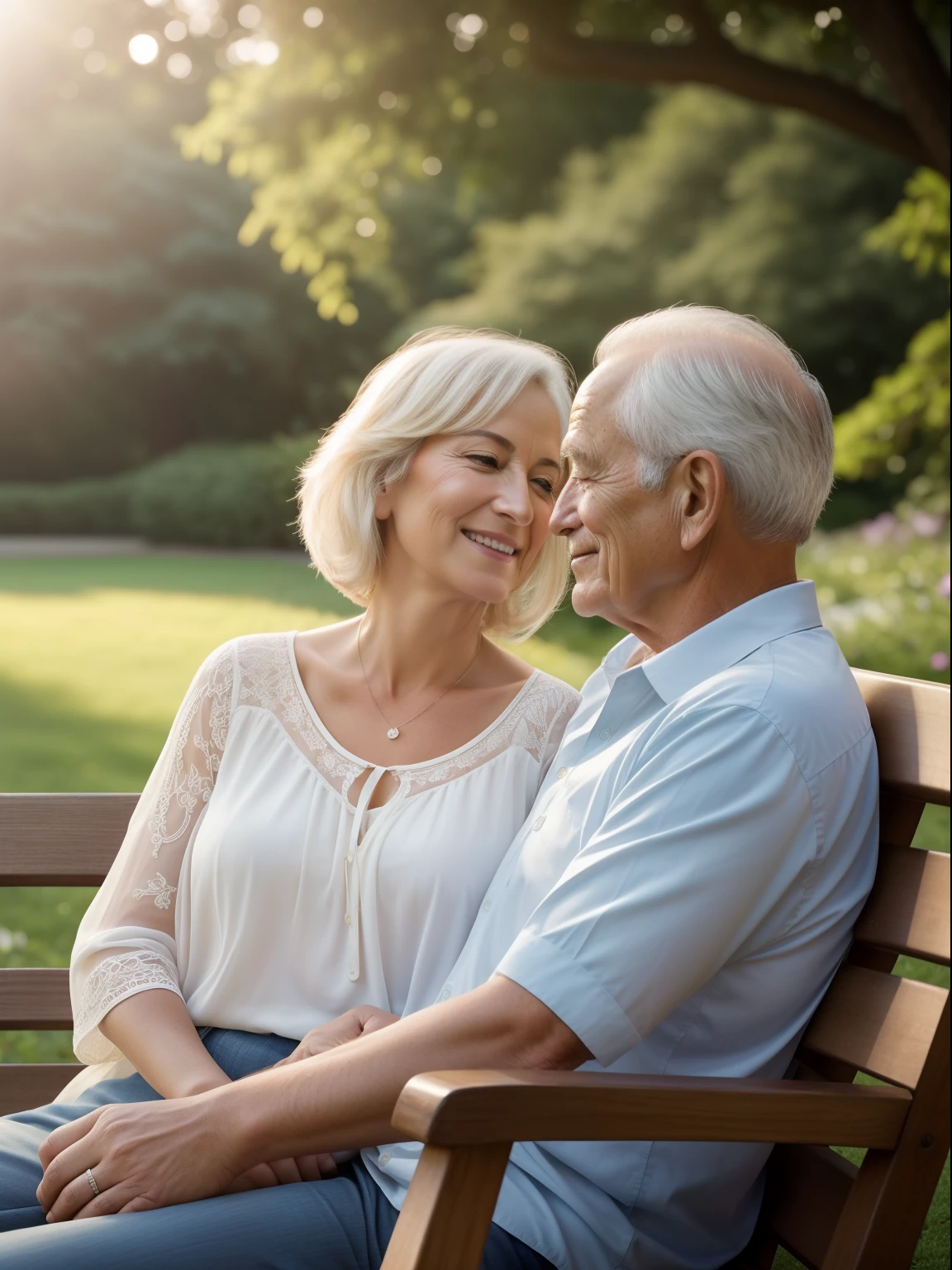 A personal portrait of a very beautiful and romantic old couple sitting on a wooden bench in a lush park on a beautiful sunny day. Captured with a Sony α7 III camera and a 85mm lens at F 1.2 aperture, the background is blurred to isolate the subject. The park is filled with vibrant greenery and colorful flowers and natural sun Lighting, providing a natural and peaceful atmosphere. Dreamy sunny lighting creates a soft and warm glow that gently illuminates the subject's features, enhancing their natural, romantic and peaceful beauty. The image is shot in a photorealism mode to deliver an ultra-realistic image that truly captures the subject's unique personality.