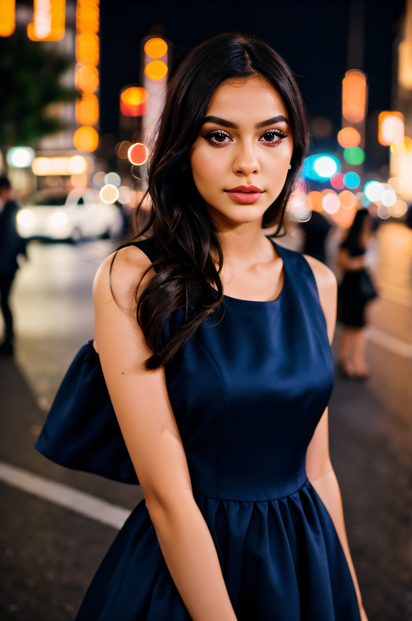 woman in a dress, night city, black hair, longeyelashes, light smile, makeup, heart in eye, drop shadow, anaglyph, tachi-e, pov, atmospheric perspective, super detail, best quality, UHD, textured skin, high details, 16k