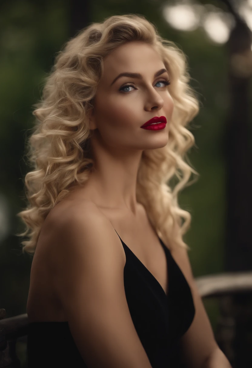 "Create a description of a woman around 28 years old, with blonde hair, intense green eyes that enhance her beauty, thick and sensual lips that accentuate her attractiveness. This woman's face exudes a playful charm, radiating confidence and sensuality in every gesture and gaze."