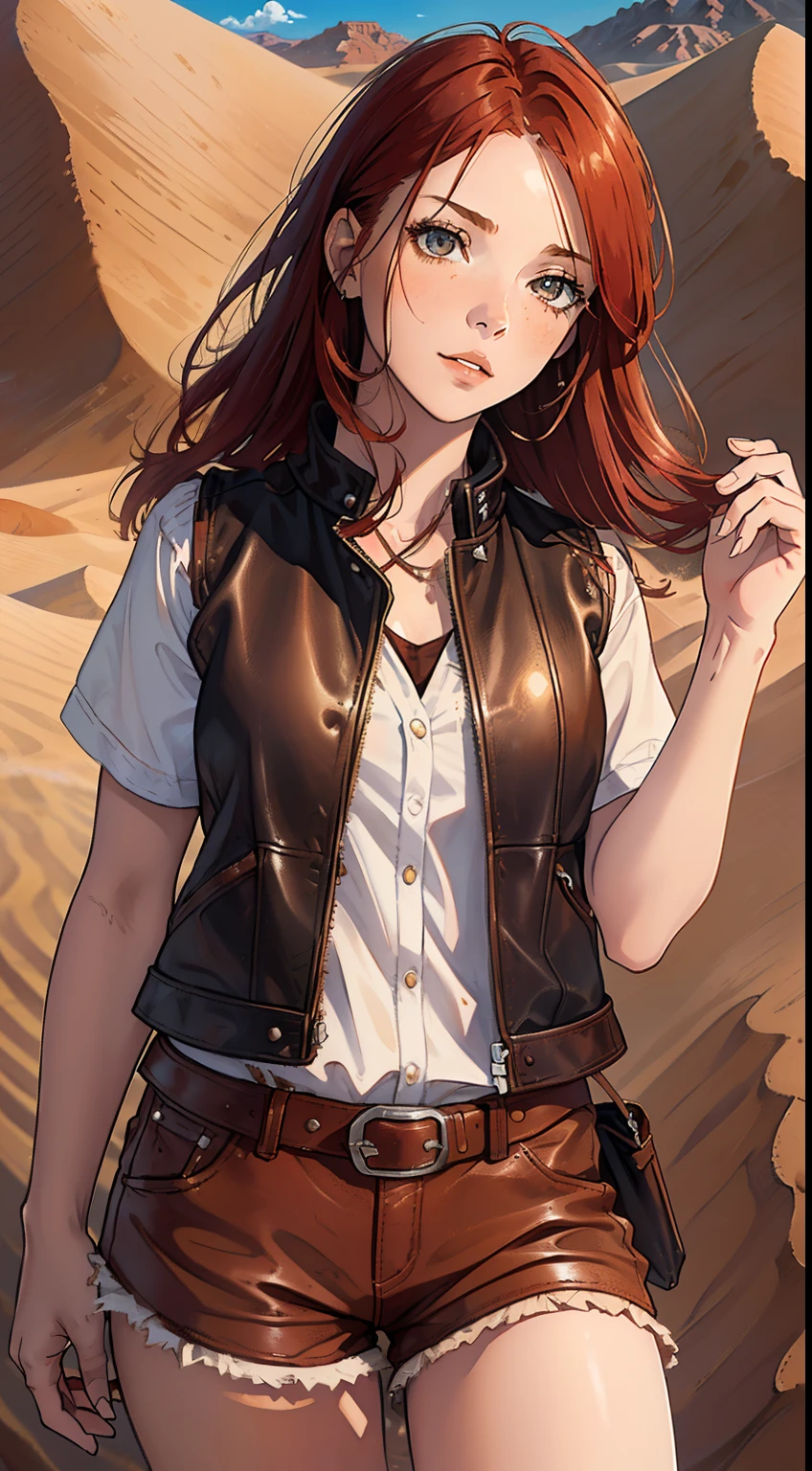 (a beautiful girl:1.1, red-haired girl:1.1, detailed face and eyes, expressive lips:1.1), (desert landscape, wide open space, sandy dunes), (cowboy outfit, leather vest and boots), (bright sunlight, warm tones), (oil painting style, rich texture), (intense gaze)