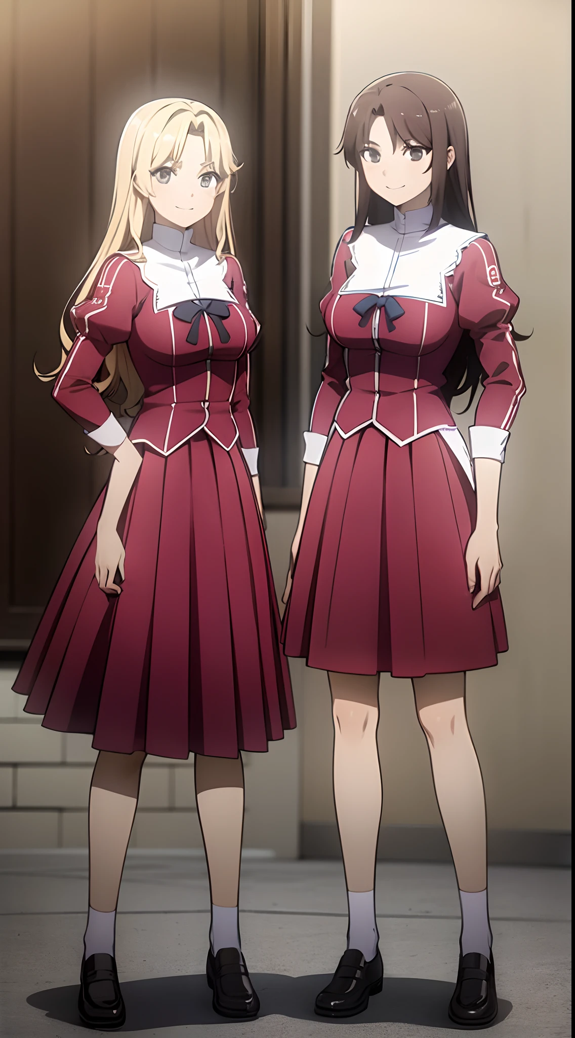 Masterpiece, high quality, 2girls, duo, twins, blonde hair, brown hair, curly hair, (one brown haired sister, one blonde sister, two sisters, matching hairstyles, different hair colors), hazel eyes, medium sized bust, ((matching outfits, school uniforms)), smile, flat_color, same height, duo pose, bqcks against each other, sister picture