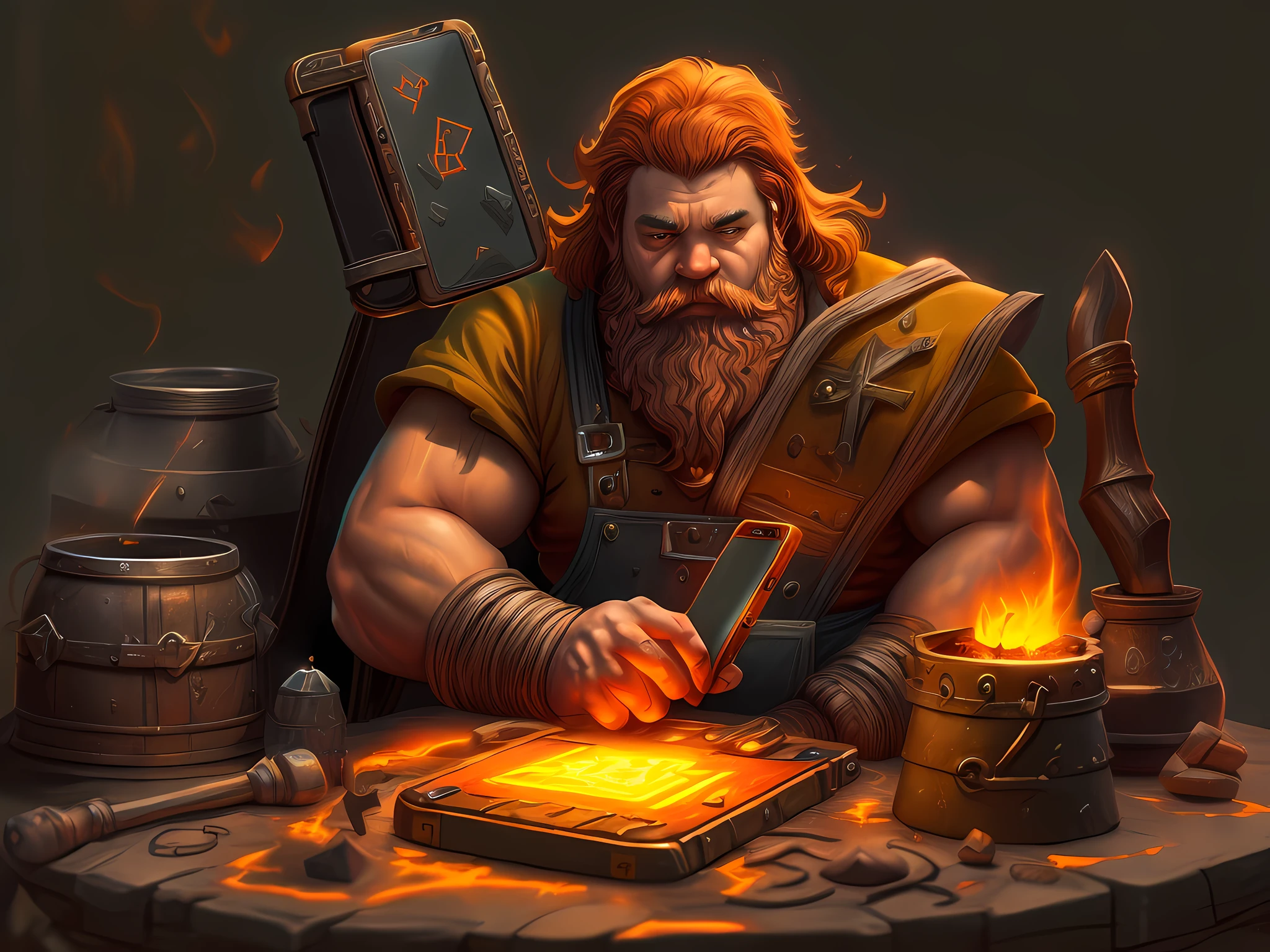 high details, best quality, 16k, RAW, [best detailed], masterpiece, best quality, (extremely detailed), full body, ultra wide shot, photorealistic, fantasy art, RPG art, a picture of a dwarf working at his forge making a (((smartphone: 1.5))) fantasy male dwarf (intense details, Masterpiece, best quality), brown hair, dynamic eyes color, ultra detailed face (intense details, Masterpiece, best quality), long beard, brown beard, muscular arms, wearing smith apron, holding a hammer in hand, hammer has yellow magical runes, shining GlowingRunes_yello yellowe runes (intense details, Masterpiece, best quality), working the forge making a (smartphone:1.5) (intense details, Masterpiece, best quality), dwarven smithy and fiery forge background, fiery red and yellow and orange shadow and light of a fiery orange (intense details, Masterpiece, best quality), High Detail, Ultra High Quality, High Resolution, 16K Resolution, Ultra HD Pictures, Ultra Realistic, Clear Details, Realistic Detail, Ultra High Definition